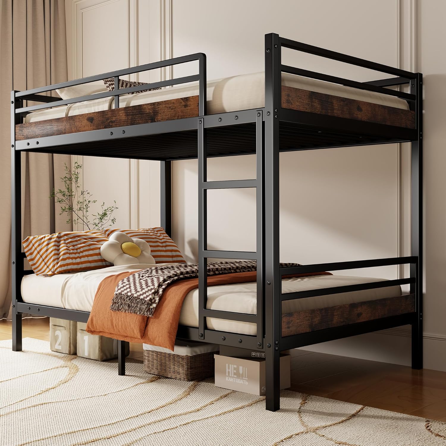 Metal Bunk Bed Twin Over Twin with Safety Guardrails, Ladder, Heavy Duty Bunk Beds Space-Saving Design, Noise-Free Twin Bunk Beds for Kids & Adults, No Box Spring Needed, Black