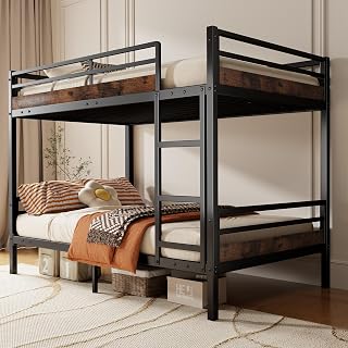 Metal Bunk Bed Twin Over Twin with Safety Guardrails, Ladder, Heavy Duty Bunk Beds Space-Saving Design, Noise-Free Twin Bunk Beds for Kids & Adults, No Box Spring Needed, Black