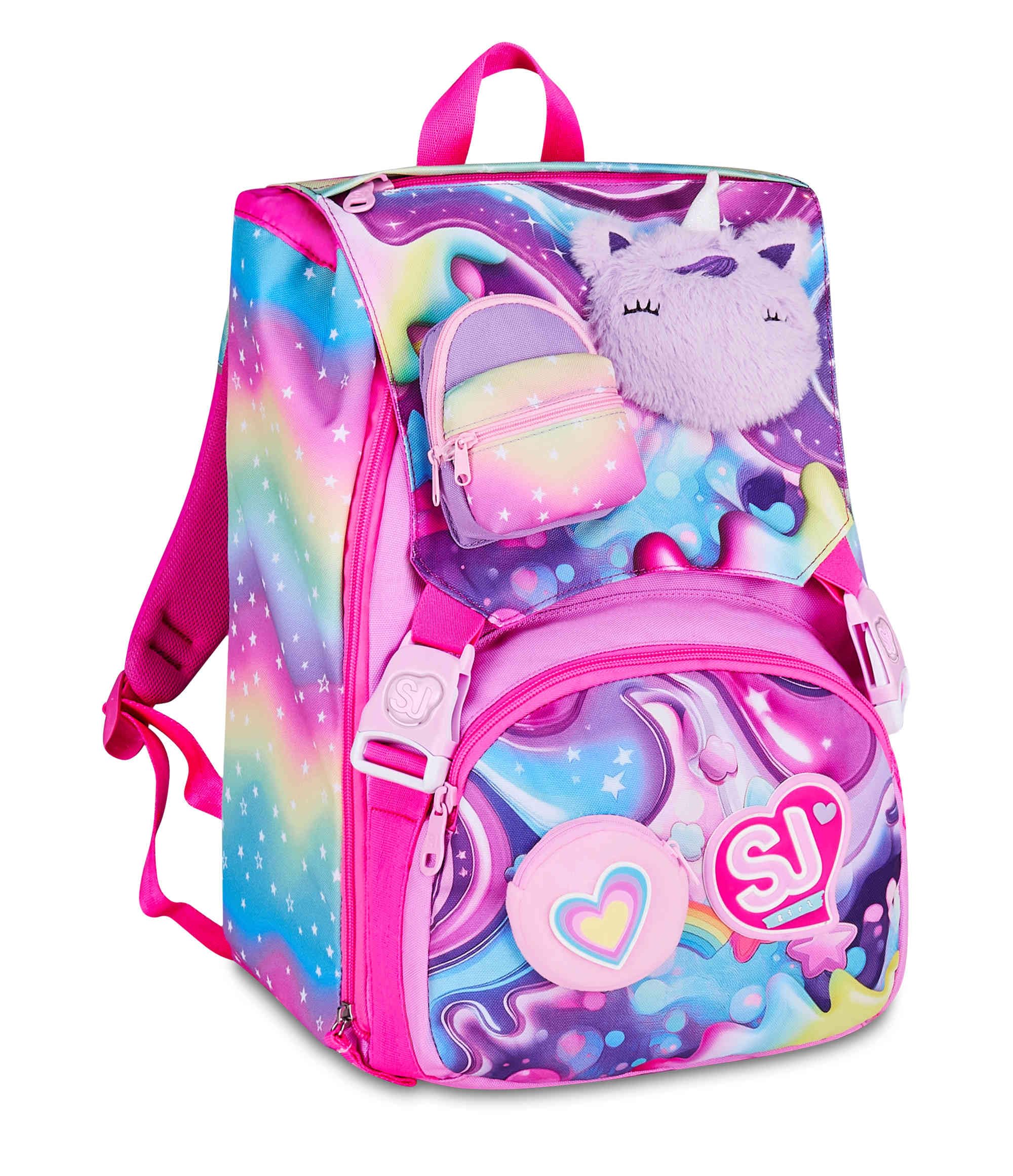 SJ GANG STYLE JAM GANG Zaino Scuola Estensibile SOFT POUCH GIRL, Multicolore, 24L, Zip Laterali, Applicazione morbido unicorno, Tasca frontale, Tasca portaborraccia, Scuola elementare, Bambina