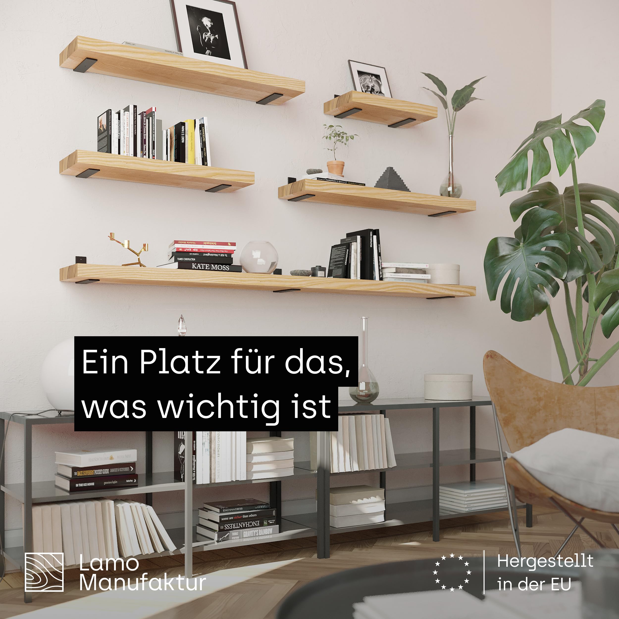 LAMO Manufaktur Holzregal mit schwarzen L-förmigen Halterungen | Wand Regal 70 cm breit für Wohnzimmer, Küche, Büro im Industrial-Stil | Farbe: Rustikal, Kante: natürlich | Massivholz