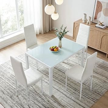 TLSUNNY 5 Piece Dining Table Set for 4, Tempered Glass Kitchen Table with 4 Upholstered PU Chairs, Space-Saving & Metal Steel Frame Dining Room Set for Home, Kitchen, Dining Room, Small Space White
