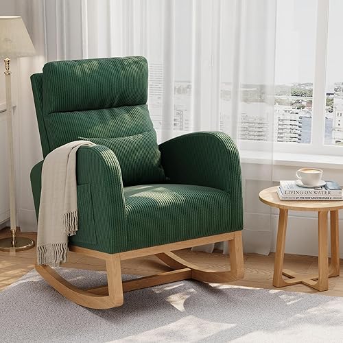GarveeHome Corduroy Rocking Chair, Modern Nursery Glider Chair with Side Pockets and Pillow, Rocker Chair for Living Room Bedroom Nursing Room, Green