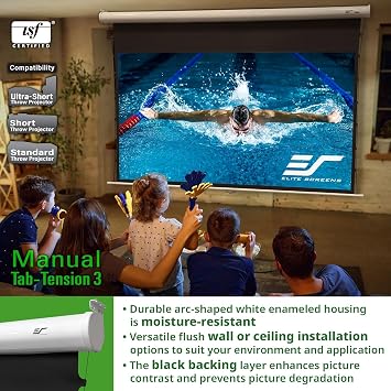 Elite Screens Manual Tab-Tension 3, 125-INCH with Extra 10 Drop, Pull Down Projector Screen Home Movie Gaming Presentations ISF Certified Premium CineWhite P Material, MT125XWH3-E10