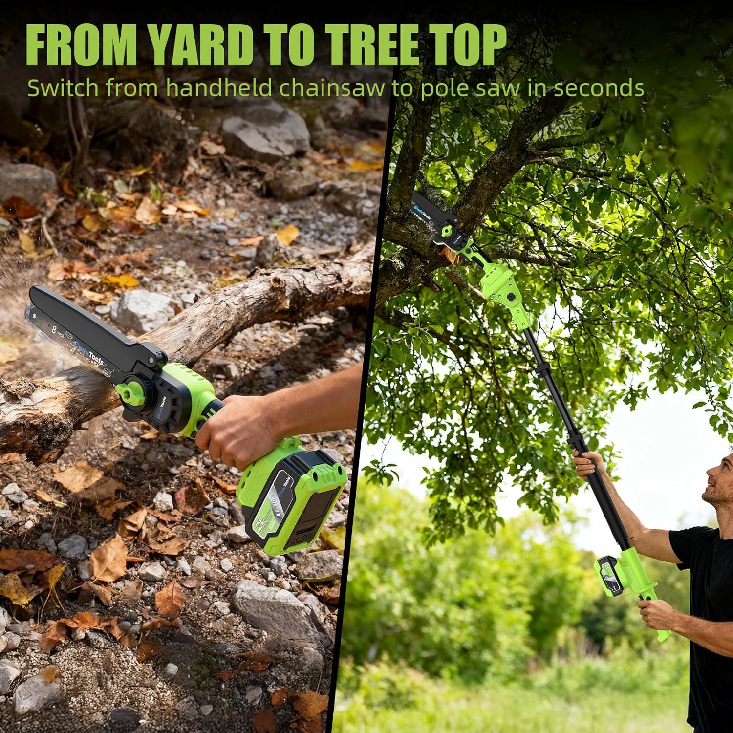 2-in-1 Brushless Cordless Pole Saw & 8 Inch Mini Chainsaw, Up to 15FT Reach with Extension Pole, Tool-Free Chain Tension, 4.0Ah Battery, for High Tree Pruning and Branch Trimming
