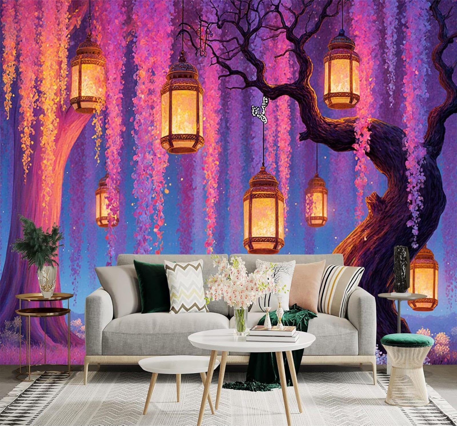 XLMING Beautiful Purple Flowers Wisteria Trees Hanging Lanterns Starry Sky 3D Wallpaper Silky Texture Home Study Office Grey Dining Room Sofa Bedroom Living Room TV Backdrop-400cm×280cm