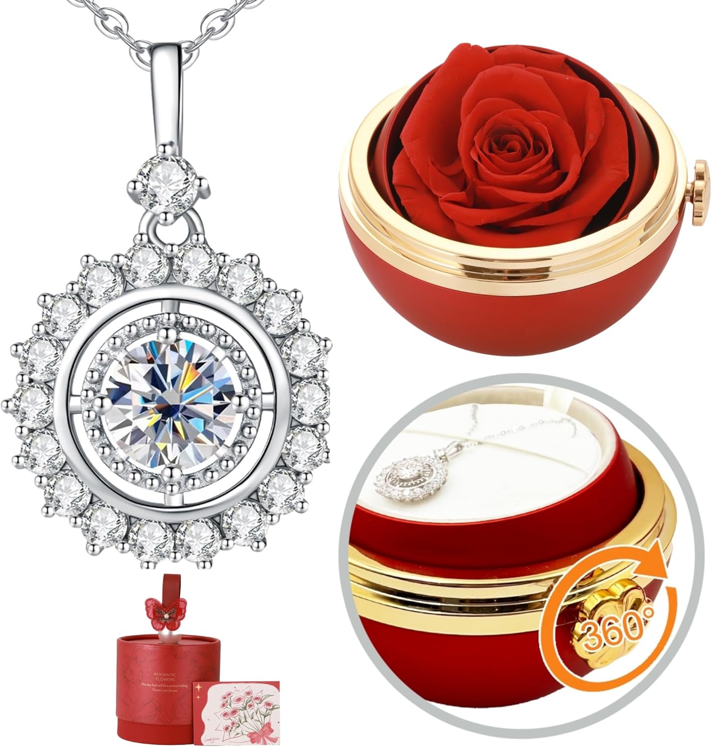 Moissanite Necklaces for Women - Romantic Anniversary & Birthday Gifts for Women Mom Her Wife Girlfriend, Preserved Real Rose with Necklace, 925 Sterling Silver, 15.7"+2" Adjustable Chain