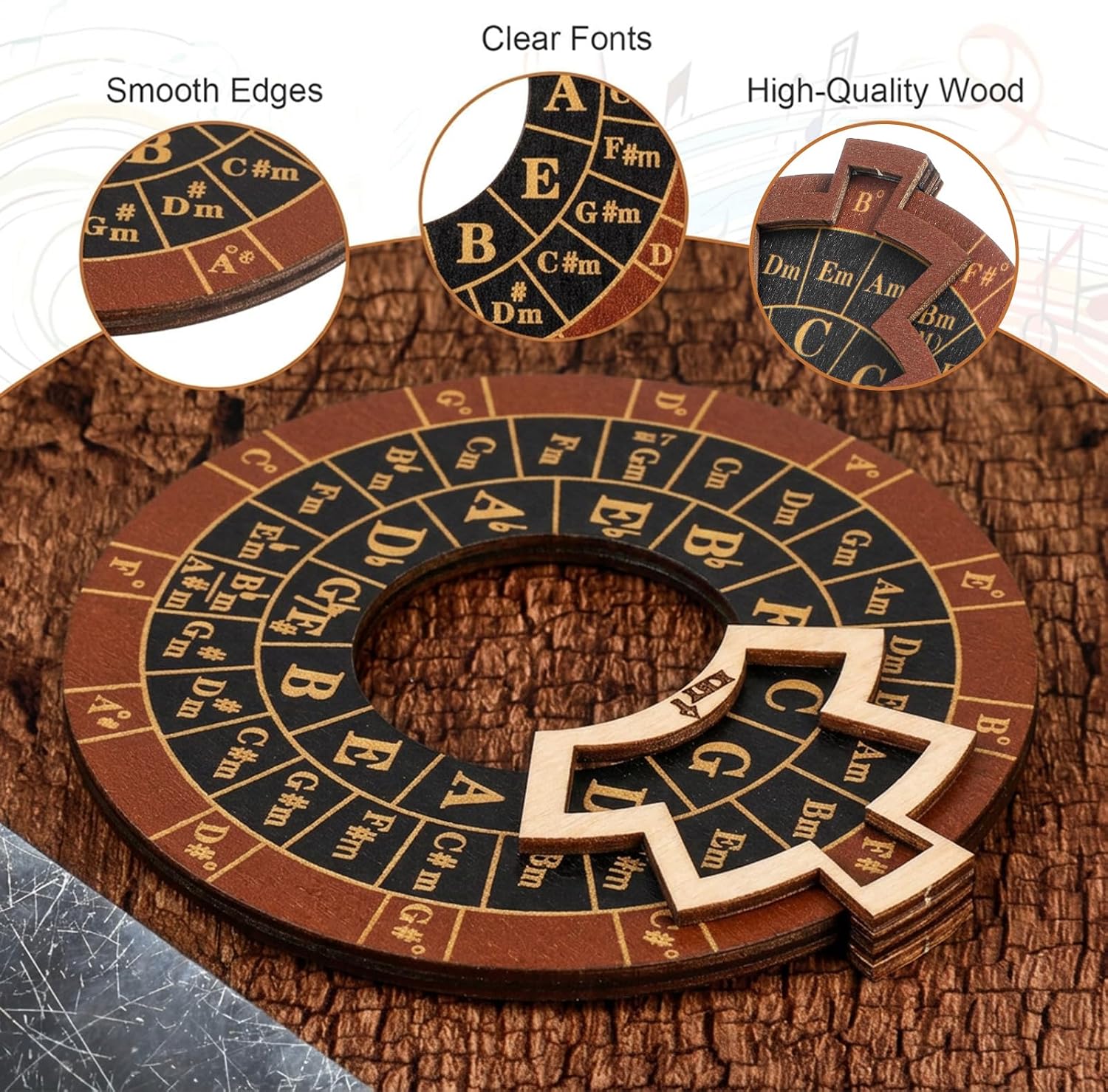 JIEYAO Wooden Melody Tool, Circle of Fifths Wheel Chord Tool Music Transpose Accessories for Guitar Piano Educational Songwriter Chord Wheel for Notes, Chords, Key Signature