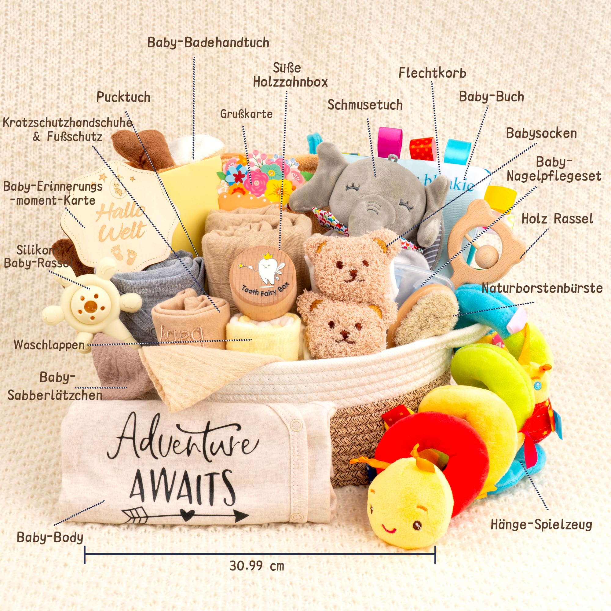 Neugeborenen Geschenk 24-teiliges，Baby zubehör, Strampler, Schnuffeltuch, Rassel & Karte，Geschenk zur Geburt für Babys (Khaki)