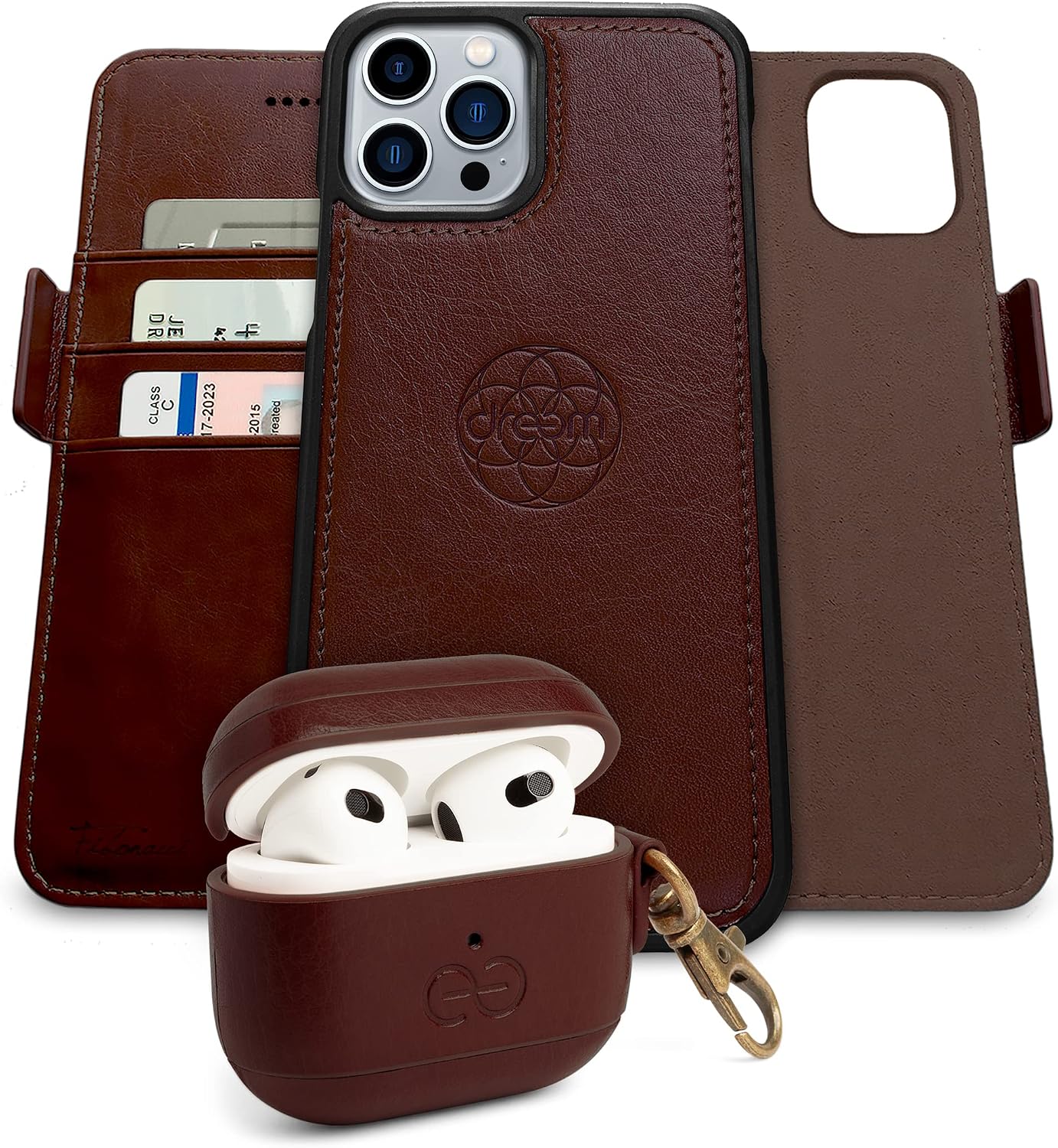 Dreem Bundle: Fibonacci Wallet-Case for iPhone 13 Pro Max with Om for Apple AirPods 3 Case [Coffee]