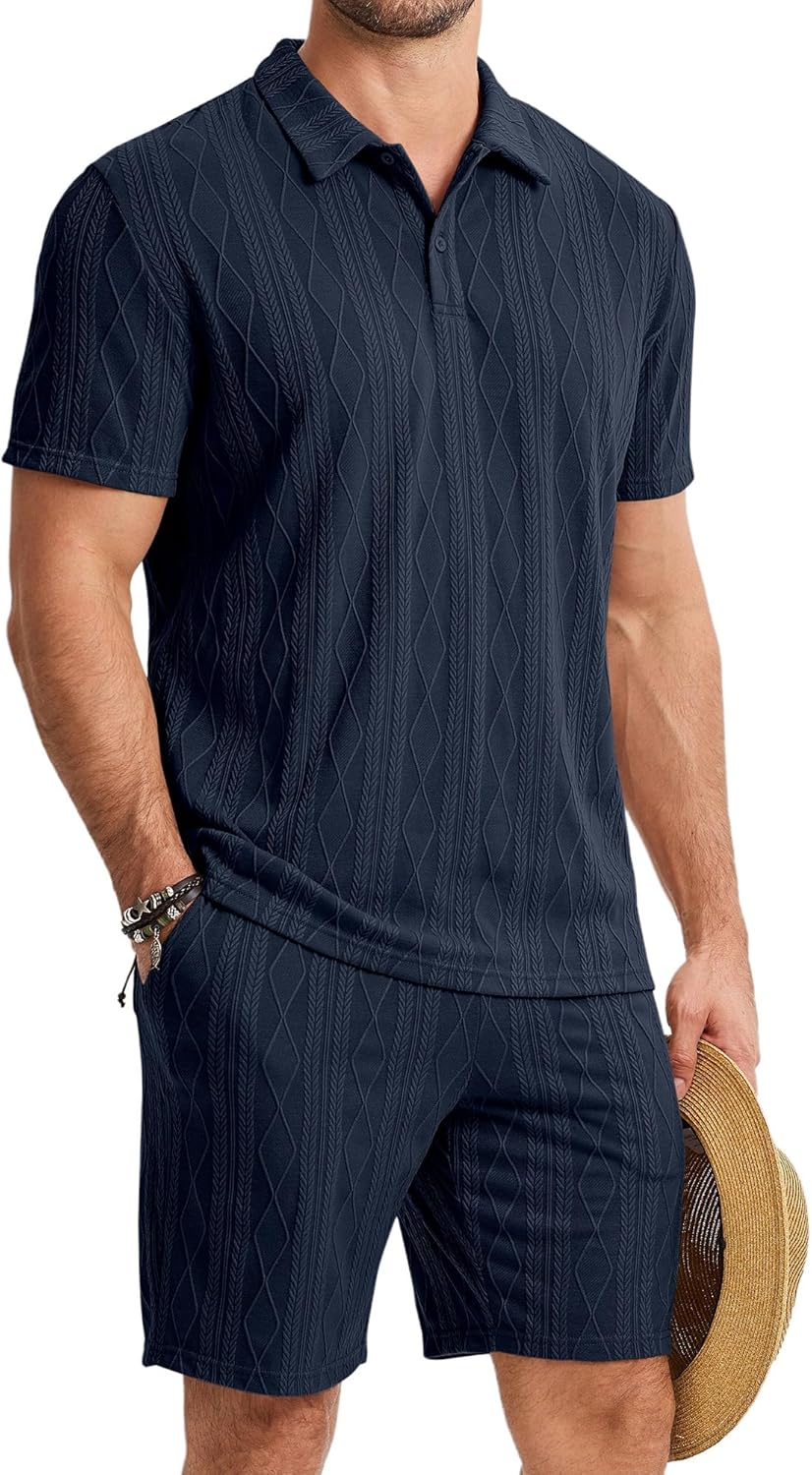 JMIERR Mens 2026 Casual 2 Piece Outfits Lounge Sets Jacquard Knit Short Sets Golf Short Sleeve Outfits for Beach Vacation