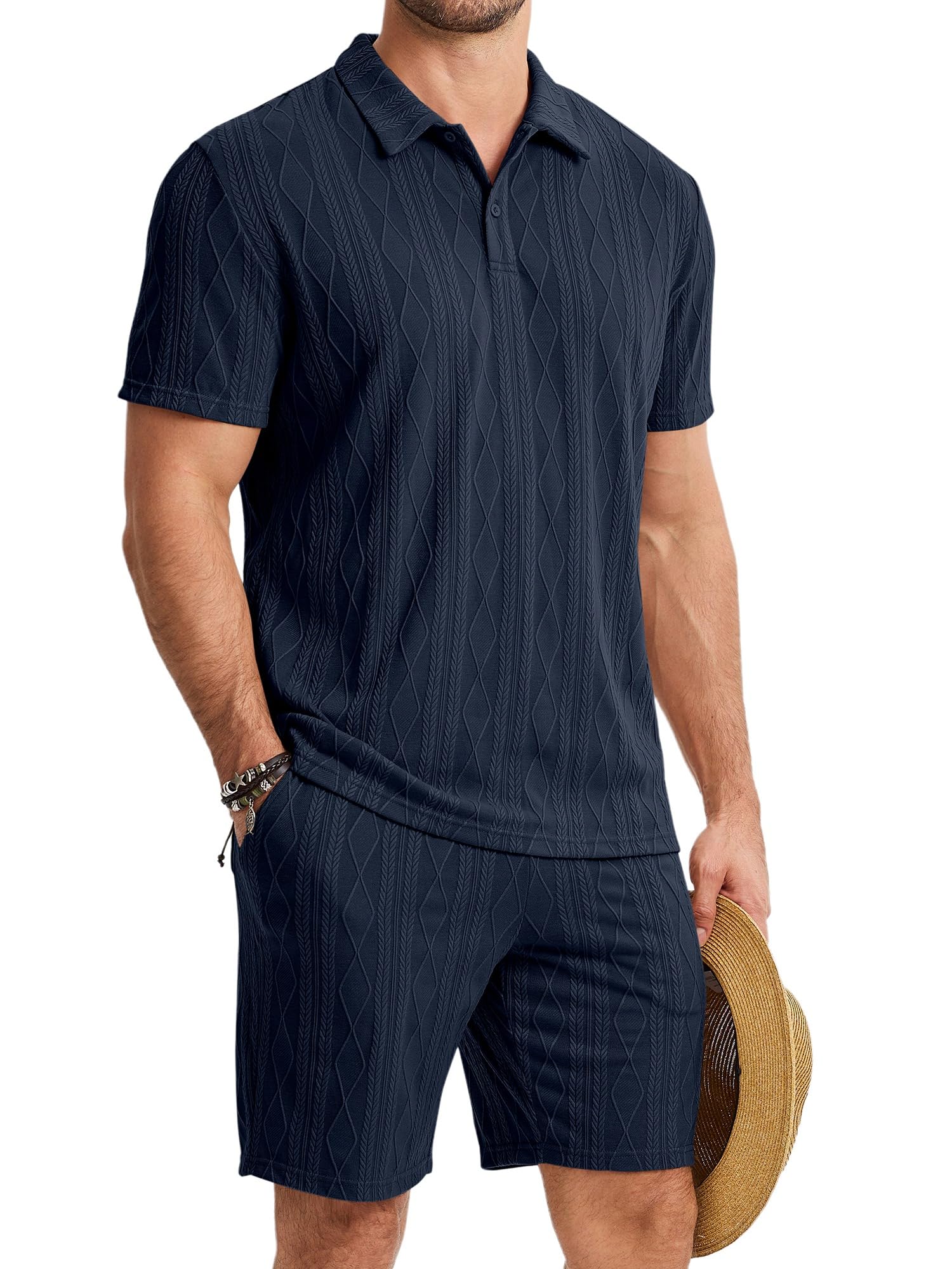 JMIERR Mens 2026 Casual 2 Piece Outfits Lounge Sets Jacquard Knit Short Sets Golf Short Sleeve Outfits for