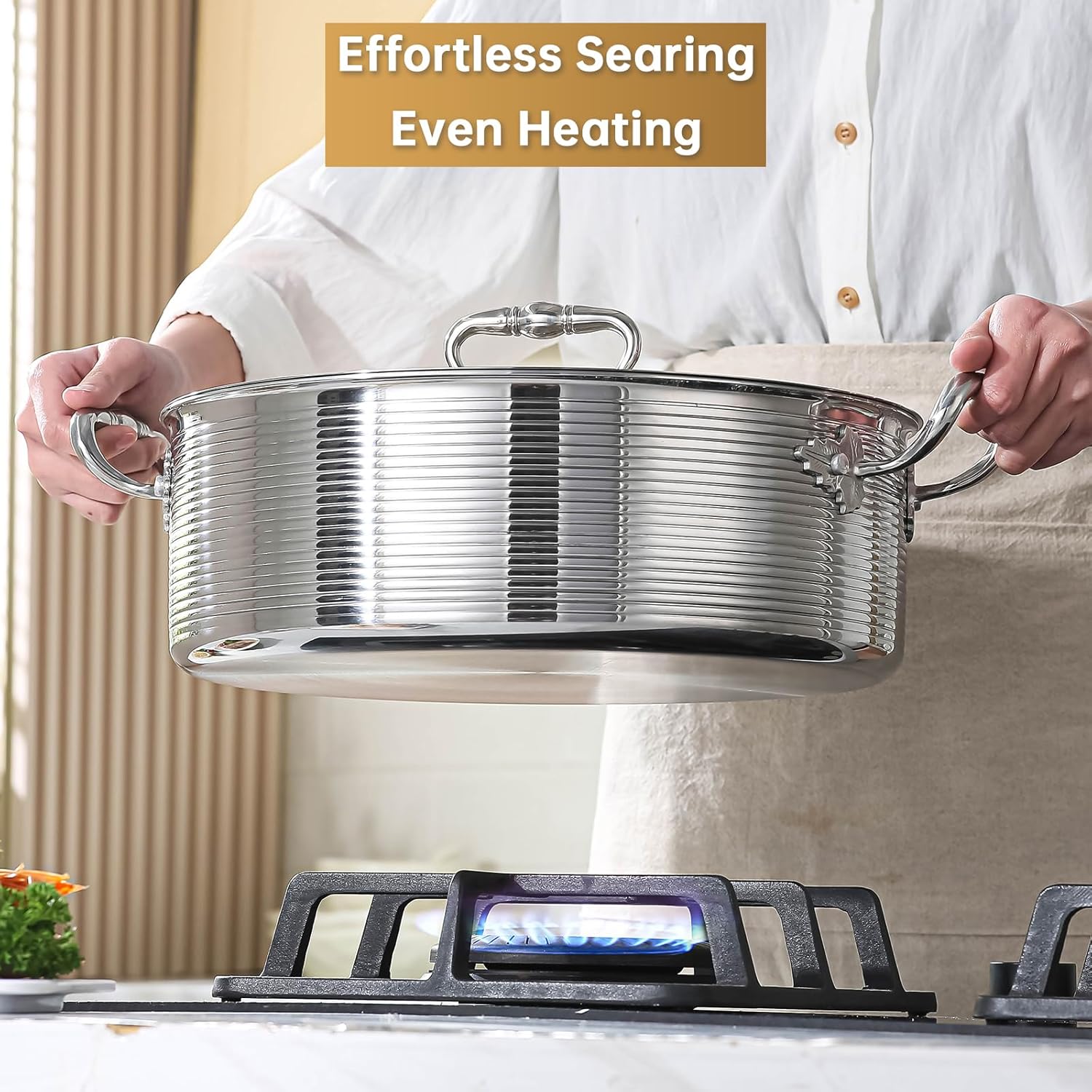 DELARLO Tri-Ply Stainless 5QT Braiser Pan With Steel Lid,Induction Saute pan Cooking Pot,Jumbo Cooker Deep Frying Pan 12 Inch,Dishwasher and Oven Safe,Compatible With All Cooktops Up to 650℉