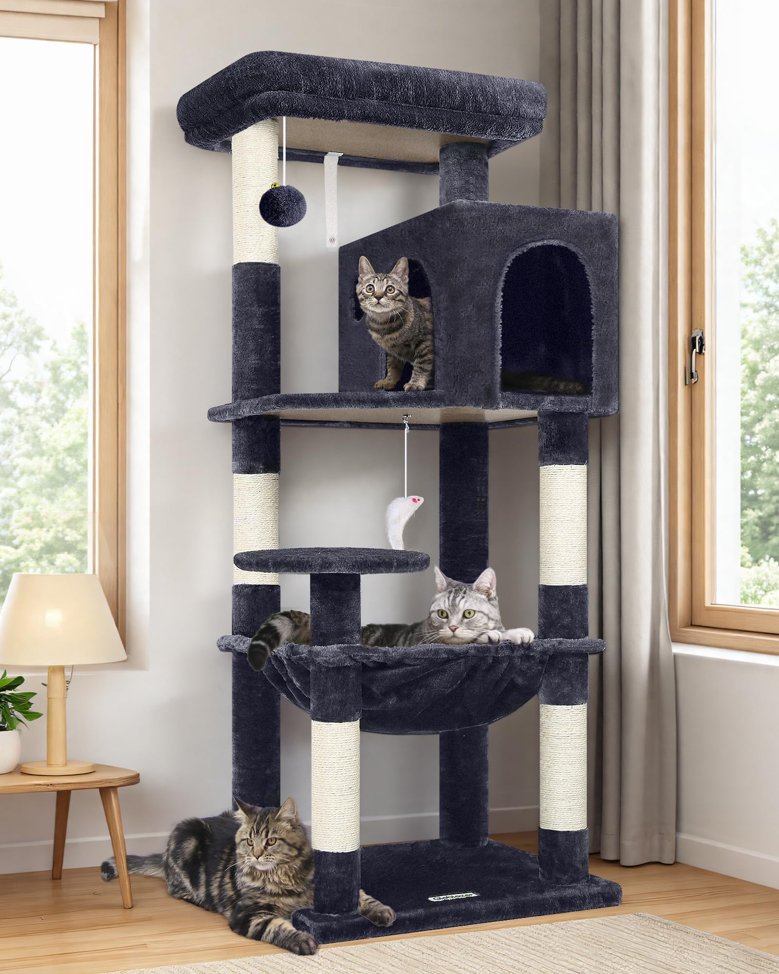 Globlazer Cat Tree with Large Plush Hammock 45 * 37cm, Comfort Cat Caves, Cushioned Platform, Sisal Scratching Posts, Compact Cat Tower for Indoor Cats Rest Play Scratch (F53, Dark Grey)