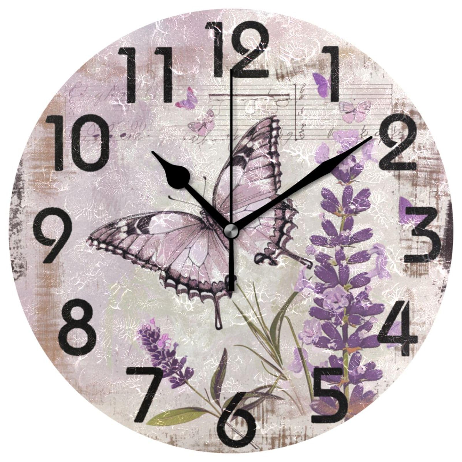 ZzWwR Pretty Retro Lavender Butterfly Art Round Wall Clock, 10 Inch Analog Quiet Non Ticking Desk Clock for Home Kitchen/Living Room/Bedroom/Bathroom/Office