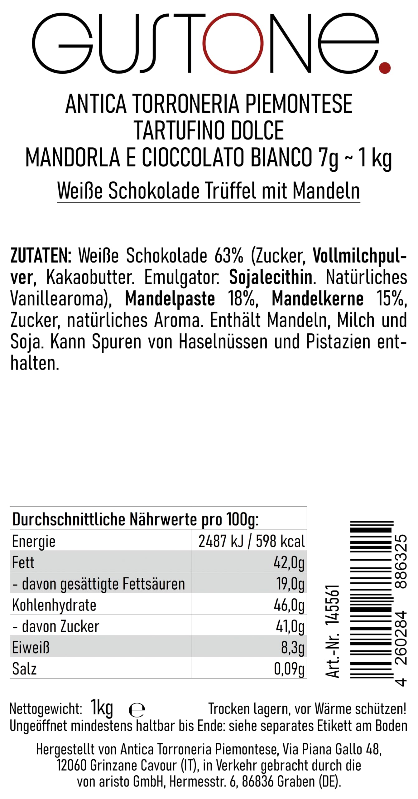 GUSTONE. Schokoladentrüffel Antica Torroneria Piemontese Tartufi Dolci 1kg | ideal als kleine Nascherei, Mandorla Cioccolato Bianco Mandel Weisse, Trüffelpraline, aus dem Piemont nahe Alba