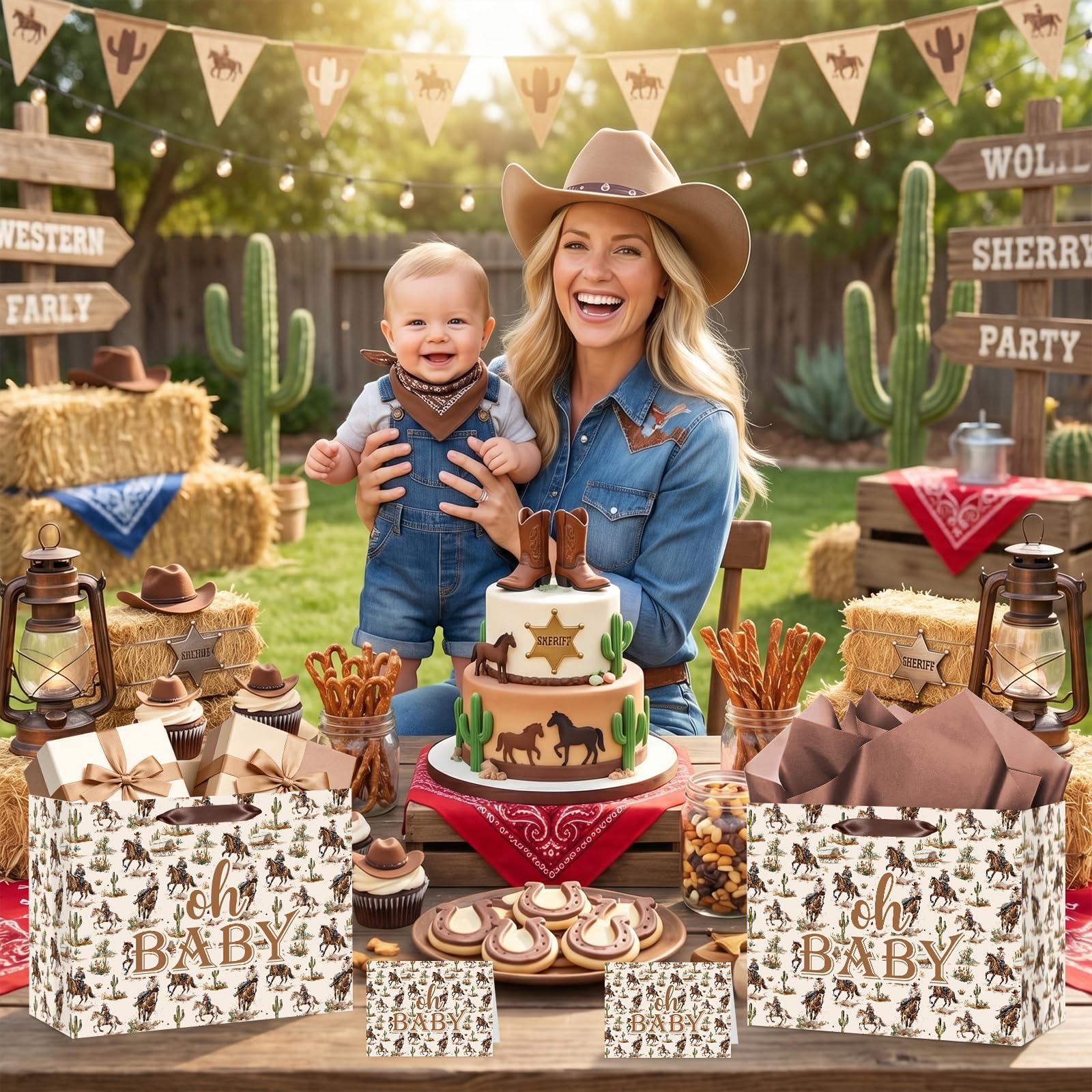 Woosytoo Cowboy Baby Gift Bag with Card Tissue Papers, Western Rodeo Baby Shower Wrapping Paper Bag Wild West Horse Present Bags for Newborn Congratulations Gifts Gender Reveal Party Favors