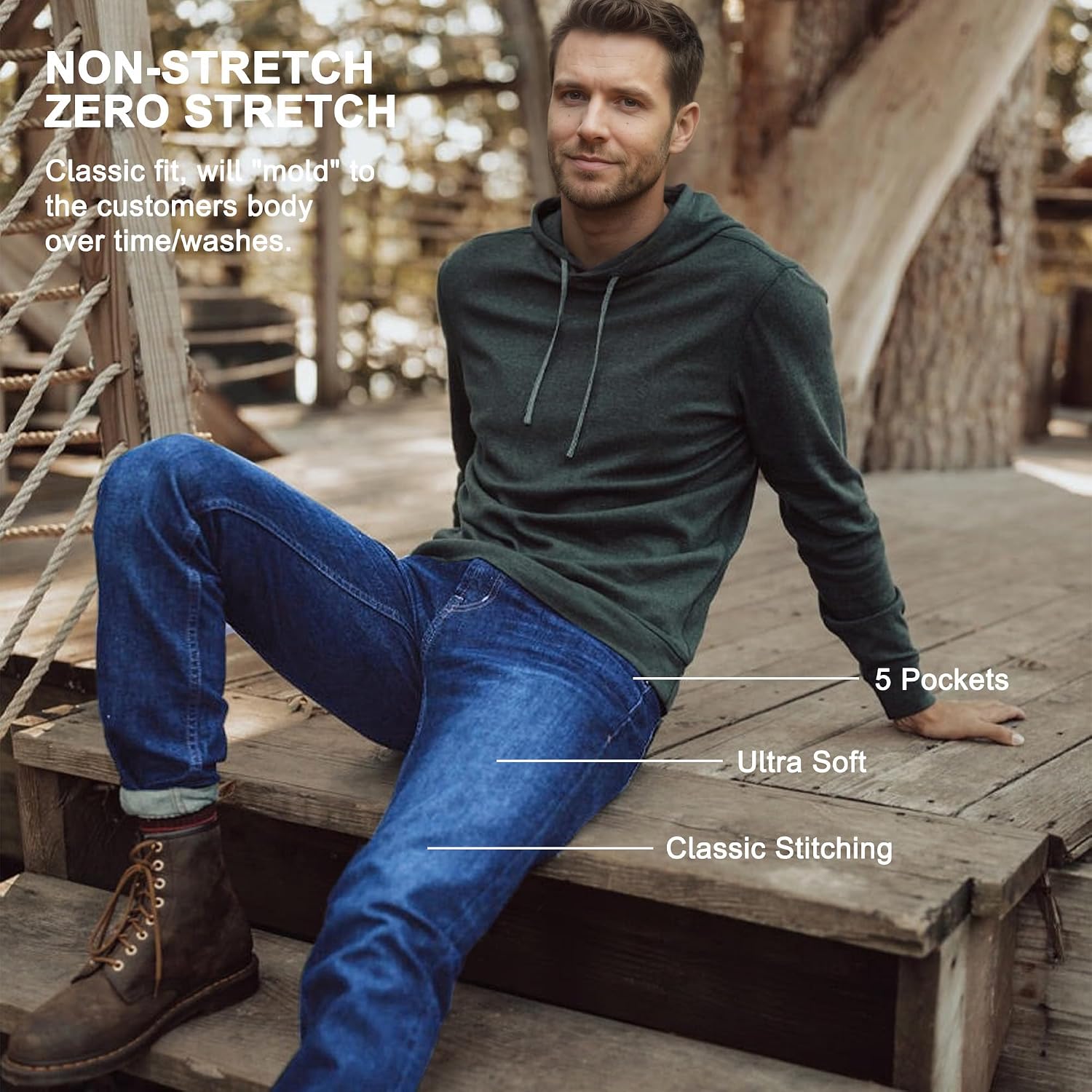 Mens Jeans Regular Fit, Casual 5 Pocket Pants with Expandable Waist, Mens Denim Jeans for Streetwear Work Travel