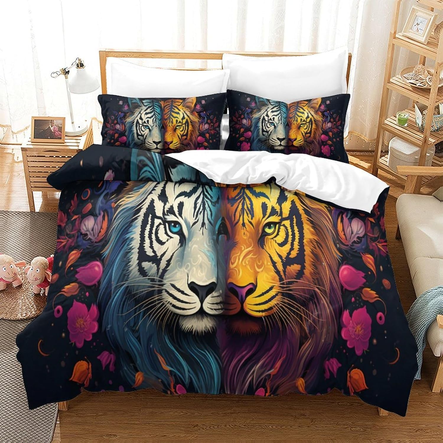 Housse de couette tigre 200x200 enfant parure de lit microfibre 3 pièces avec taies 65x65