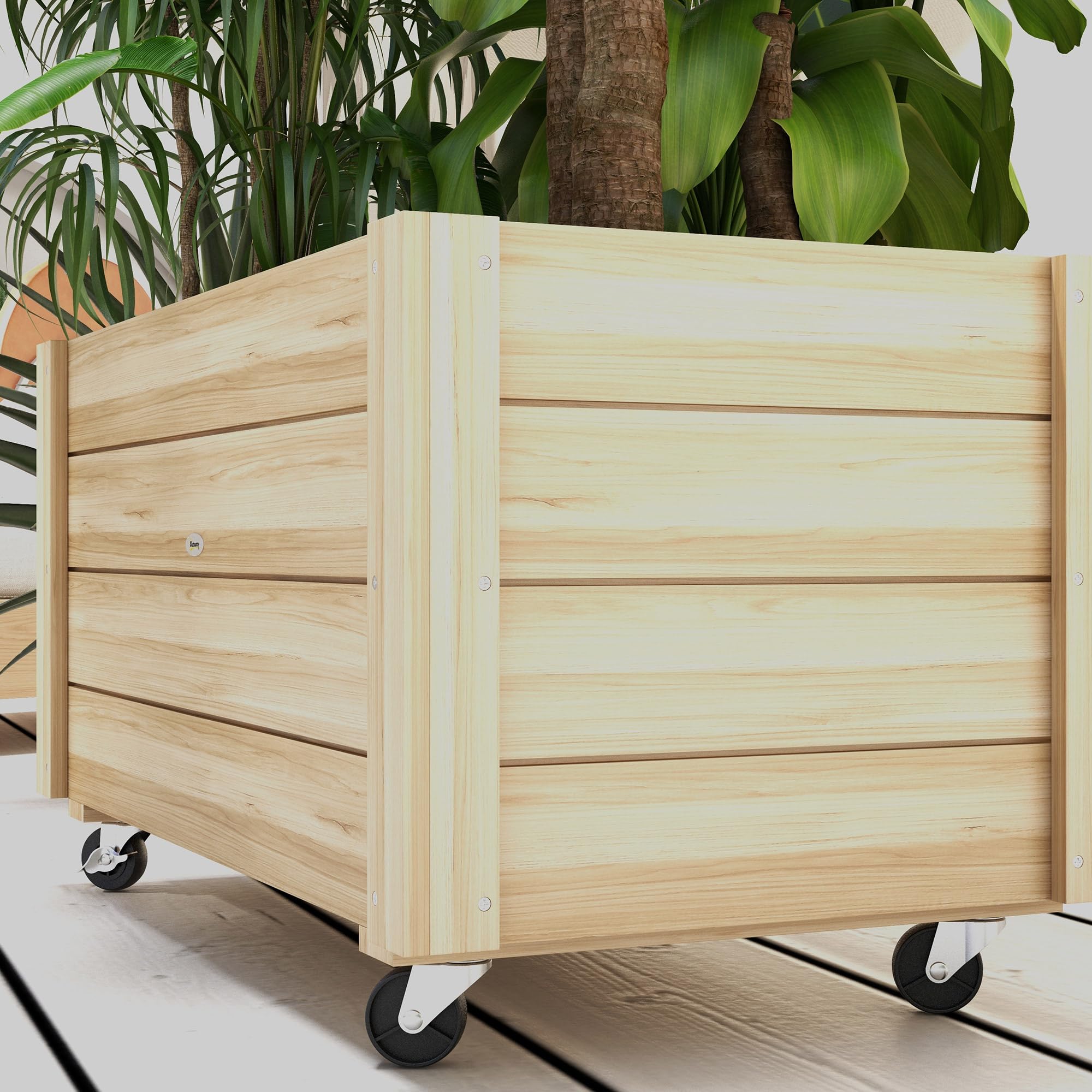 Outsunny Jardinera de Madera con Ruedas Huerto Urbano Madera Jardinera Rectangular con Orificios de Drenaje y Tela no Tejida para Cultivo Flores Plantas en Jardín Balcón Terraza 89x48x47 cm Natural