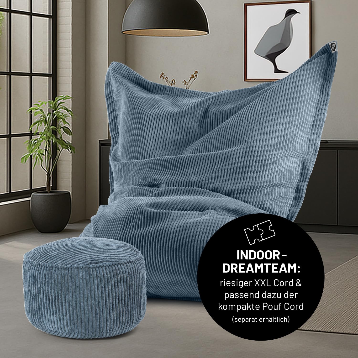 Lumaland Worek do siedzenia Classic XXL Cord, ogromny worek do siedzenia XXL, o miękkiej żebrowanej strukturze, idealny do sofy i foteli sztruksowych, do salonu, sypialni itp. – 380 l, 140 x 180 cm