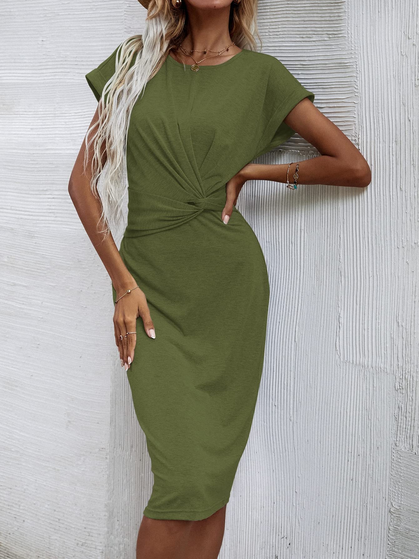 green emerald velvet dress Olive Ribbed Knit Fitted Midi Sweater Dress – PinkBlush main image 1