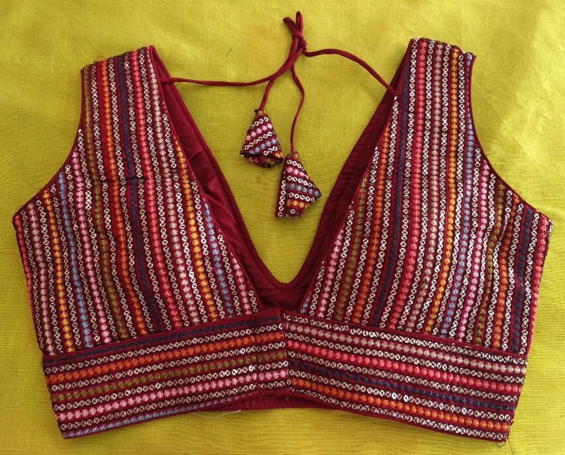 Pujia Mills Women's Sleeveless Sabyasachi Pattern V Neck Embroidery Work With Sequence Indian Ethnic Wear Readymade Saree Blouse For Lehenga Choli (Red, 38)