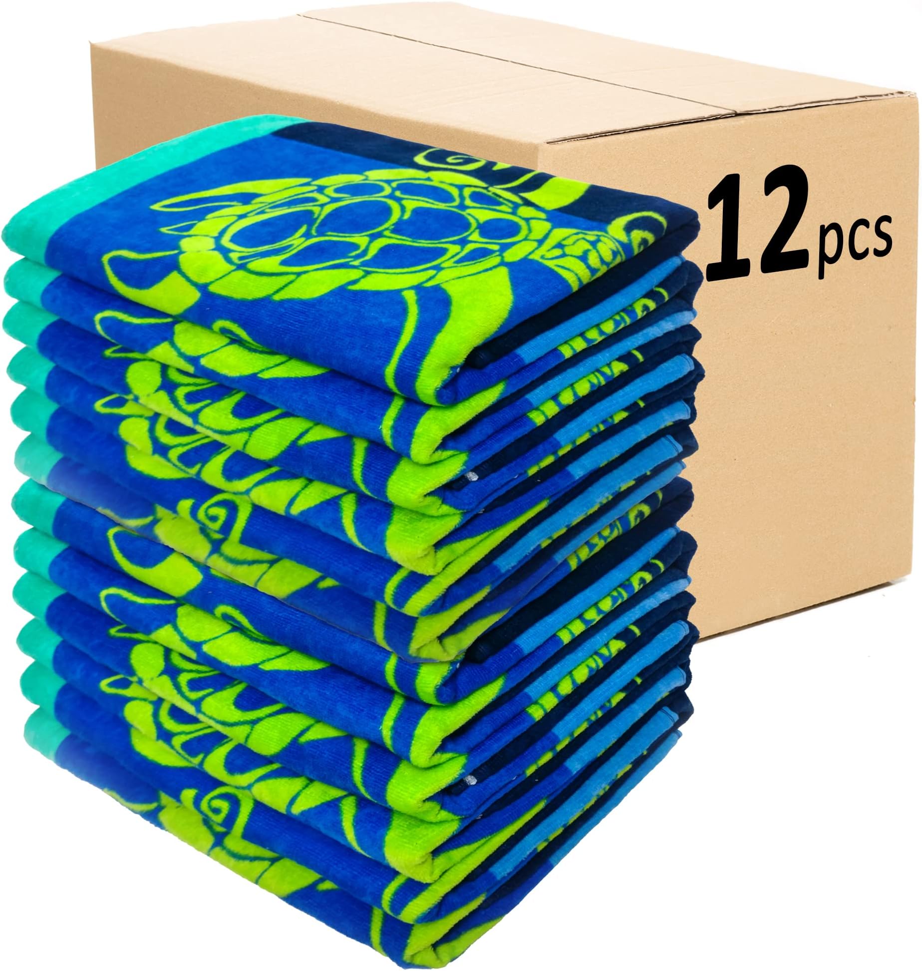 Kaufman - 12 Pack Beach Towels, 100% Soft, Plush Absorbent Cotton Velour, Large Size 30'' x 60'', Quick Dry Printed Beach, Camp, Pool and Bath Towel (SWM Turtles, 12)