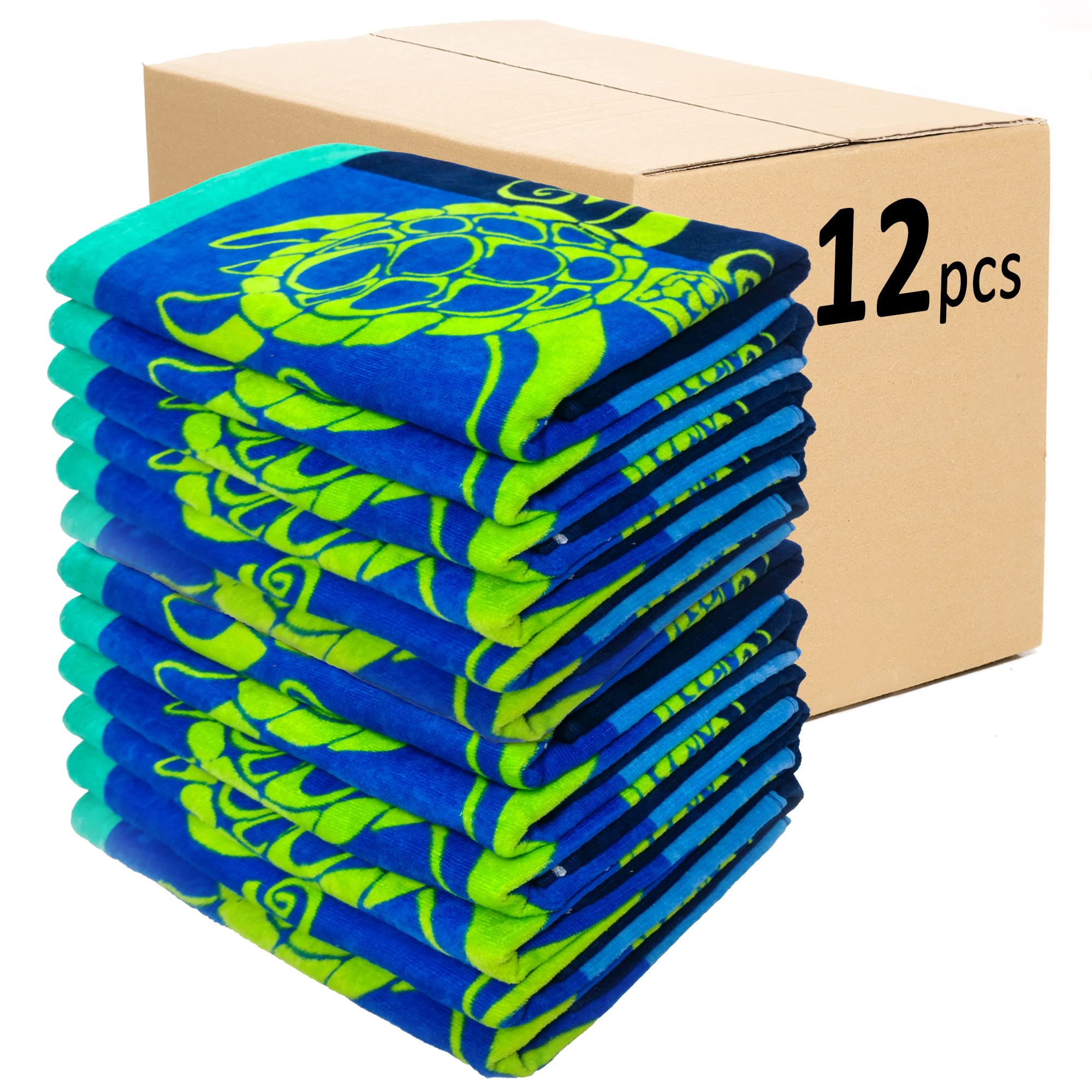 Kaufman - 12 Pack Beach Towels, 100% Soft, Plush Absorbent Cotton Velour, Large Size 30'' x 60'', Quick Dry Printed Beach, Camp, Pool and Bath Towel (SWM Turtles, 12)