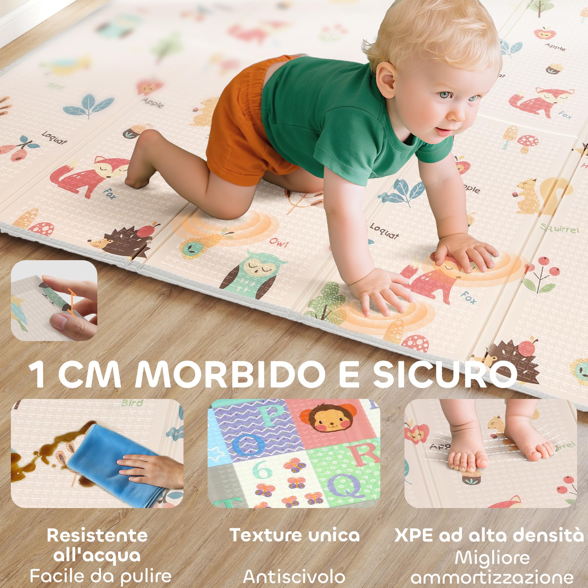 AIYAPLAY Tappeto per Bambini 0-3 Anni con Numeri e Lettere e Superficie Impermeabile, Tappeto Gattonamento in XPE e PE, 180x150x1 cm, Multicolore