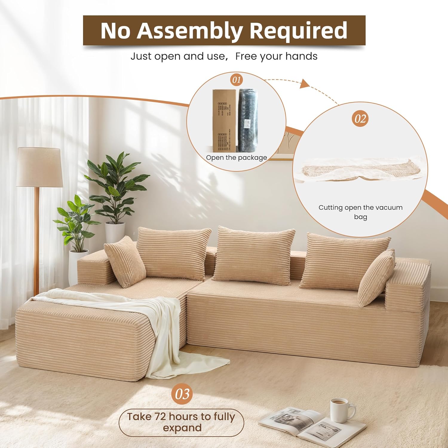 105" Modular Sectional Couches for Living Room,Boneless Couch with L-Shape Chaise,Comfy Corduroy Sectional Sofa,No Assembly Required, Apartment, Beige