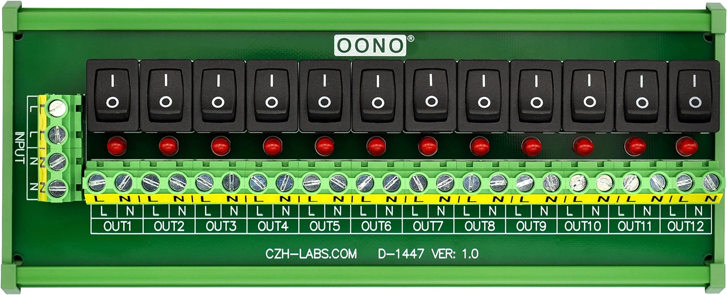 DIN Rail Mount 12 Channel Rocker Switch AC 115V 230V Power Distribution Strip Module