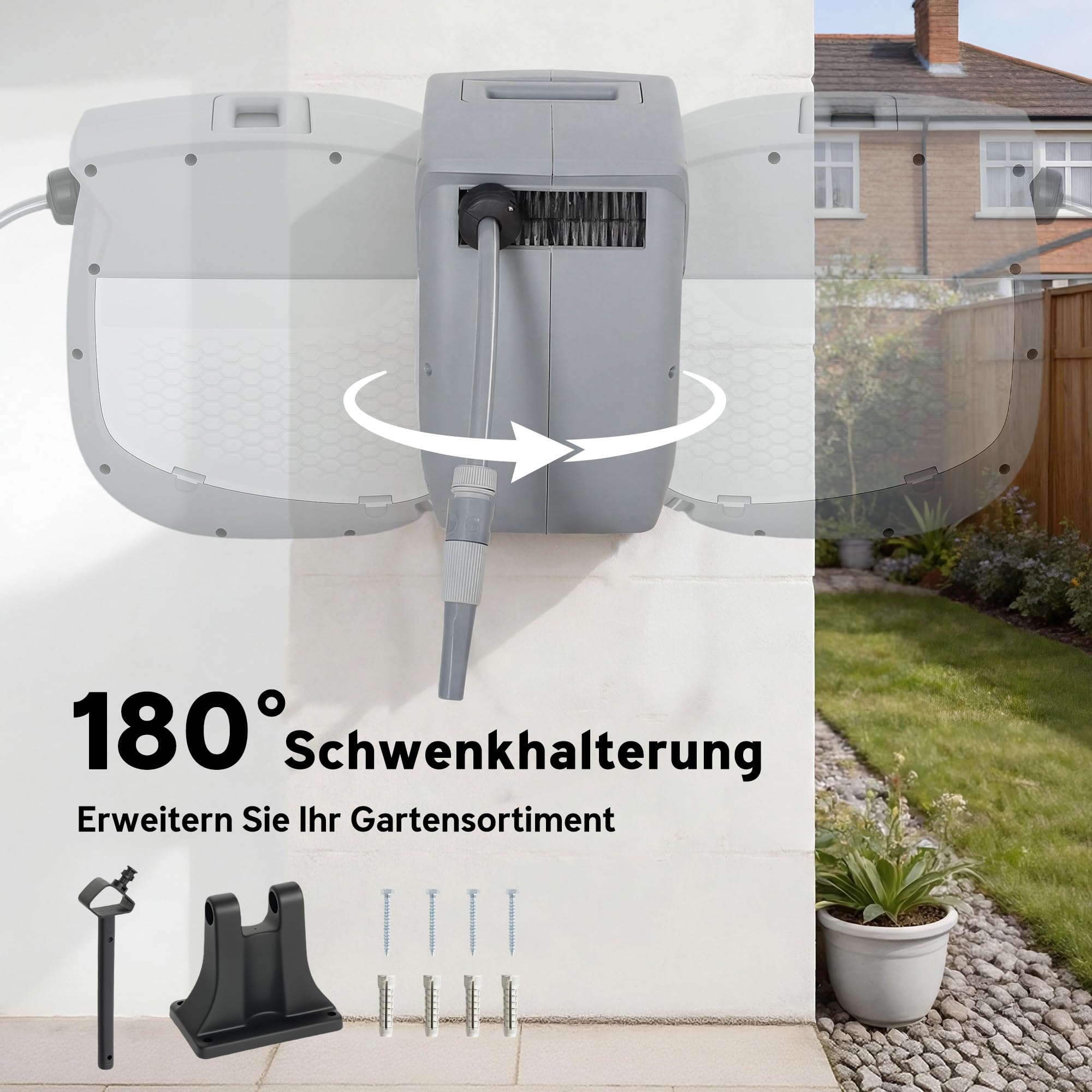 Outsunny Schlauchtrommel mit Gartenschlauch 20 m 180° Schwenkbar Grau | Schlauchbox, Automatische Aufrollung, Selbstverriegelung, Schlauchaufroller zur Wandmontage, Wasserschlauchaufroller