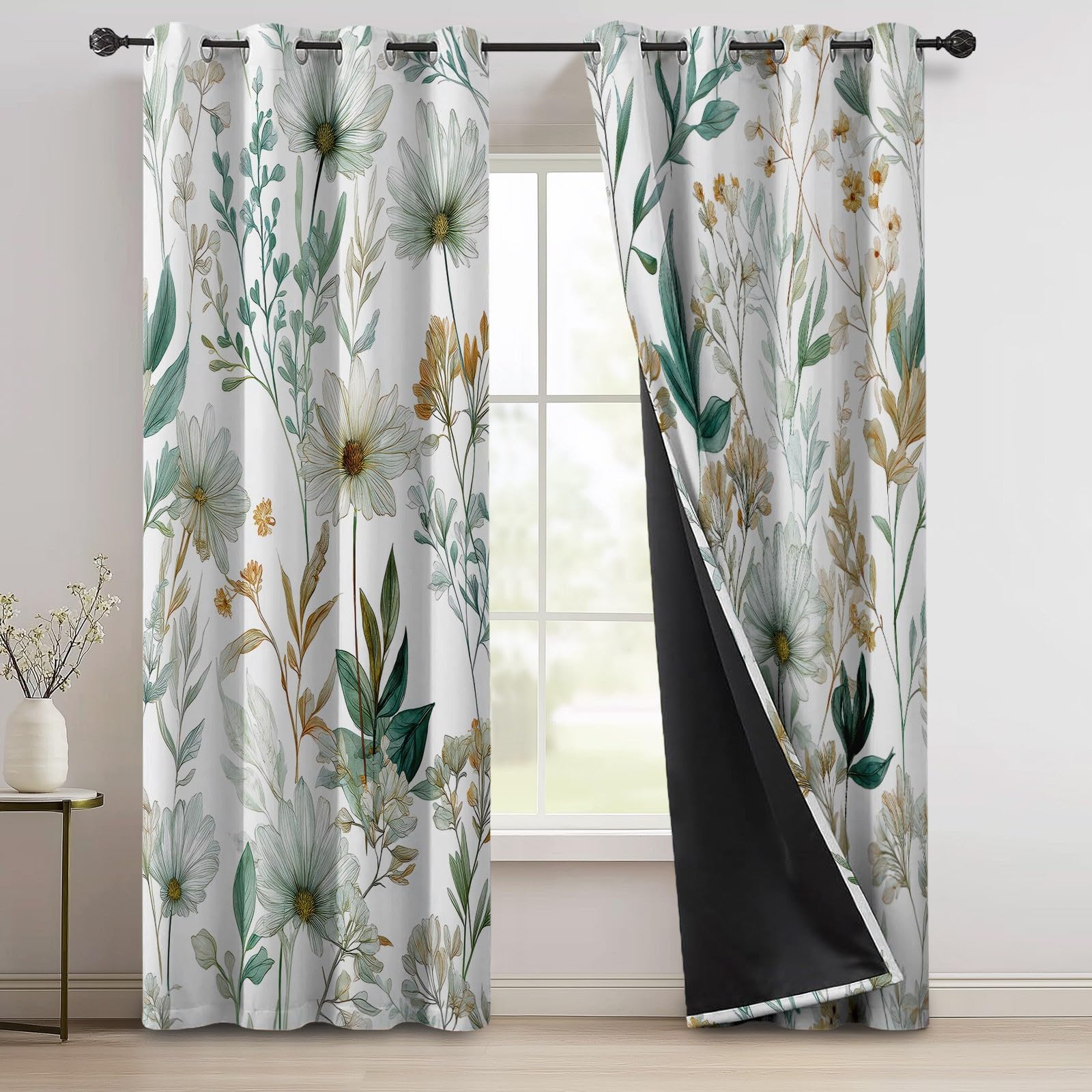 Generisch Natur Landhausstil Verdunkelungsvorhang, Aquarell Blumen Blätter Bedruckter Wärmeisoliert Vorhänge mit Ösen, Weiß Vorhang für Schlafzimmer Wohnzimmer, H215 x B110 cm x 2 Vorhänge