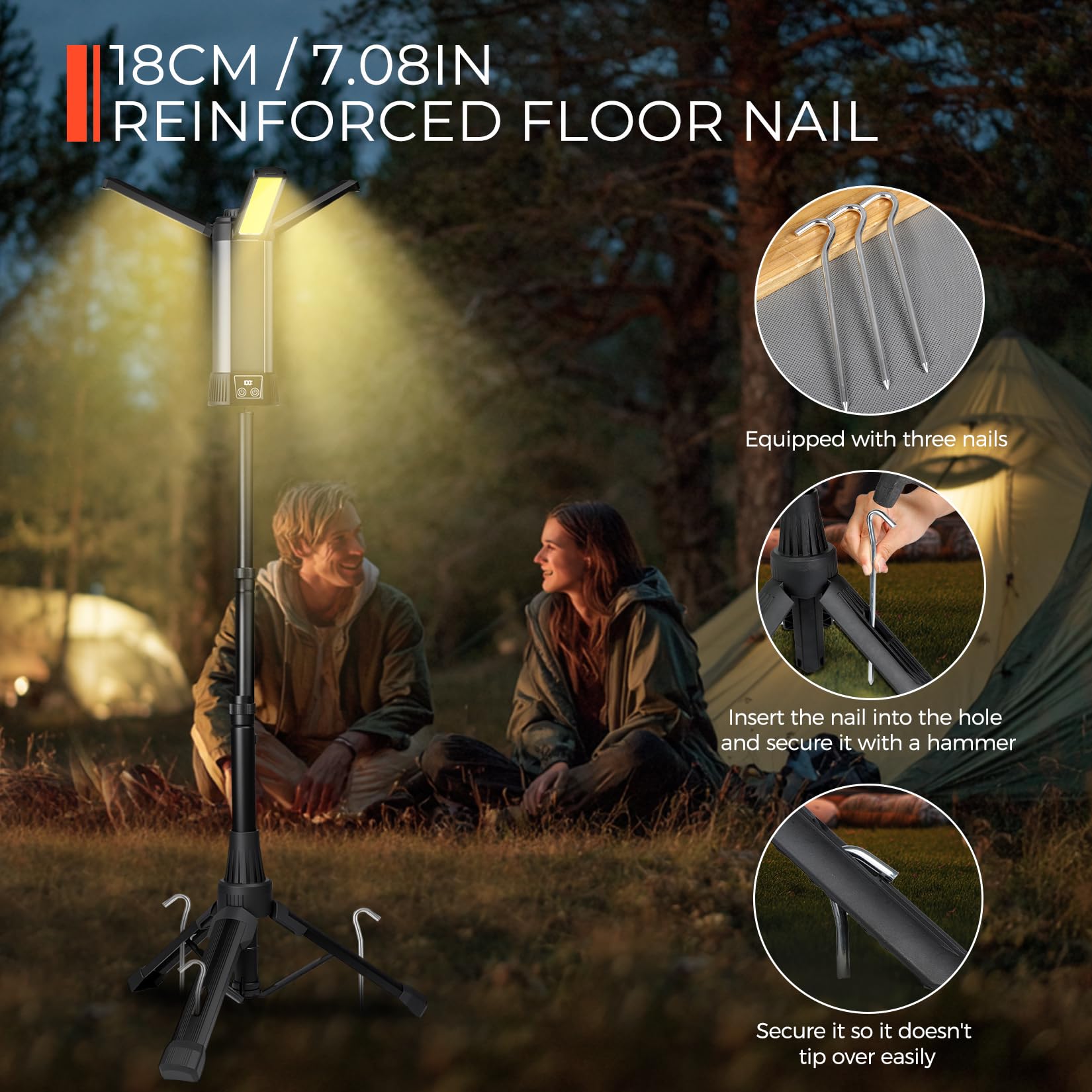 MLOGIROA Lampe de travail LED rechargeable avec trépied et 3 panneaux LED, lampe de camping pliable sans fil avec 2000 lumens, hauteur de 112,6 cm pour garage, pêche, extérieur