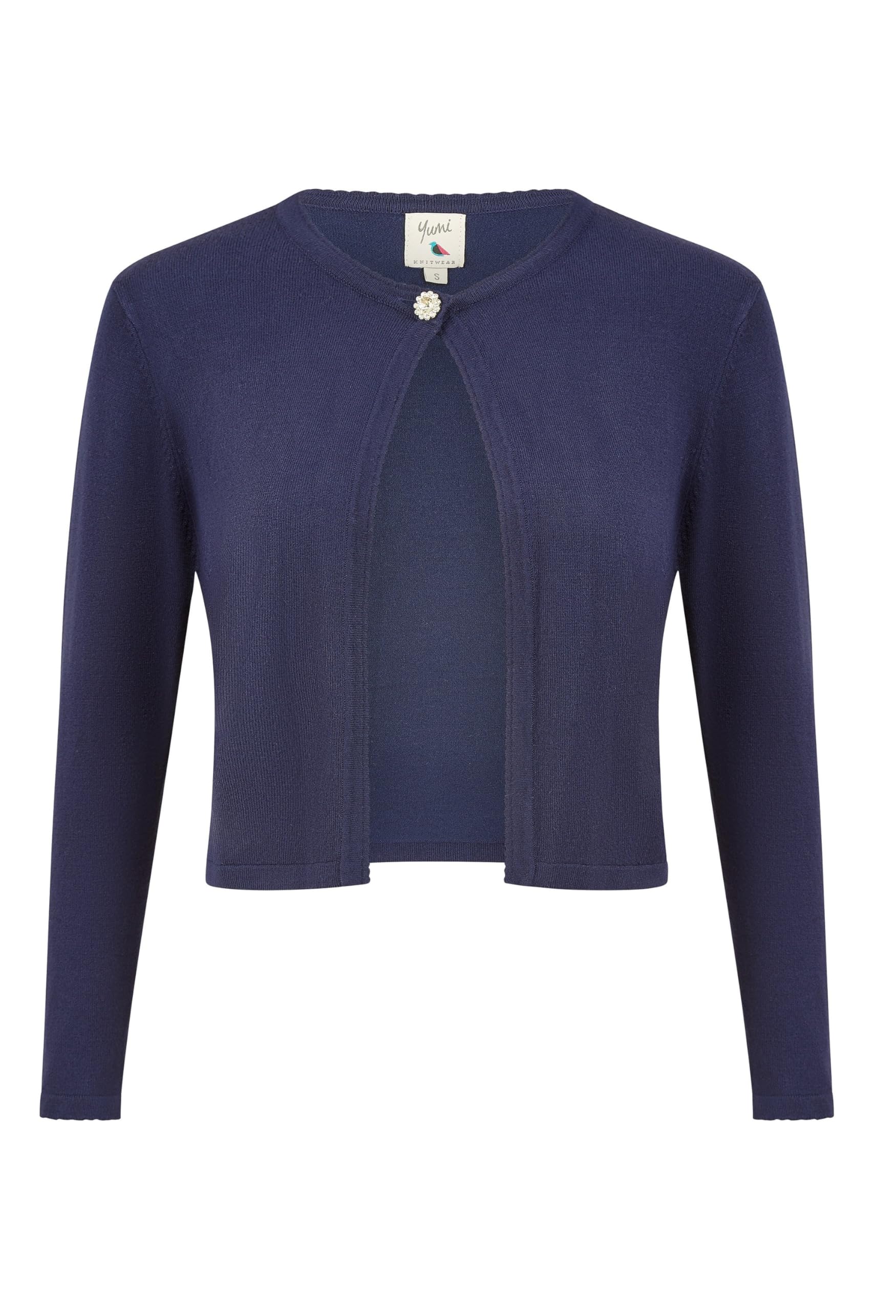 Yumi Women's Navy Diamante Button Cropped Cardigan Sweater | : Medium