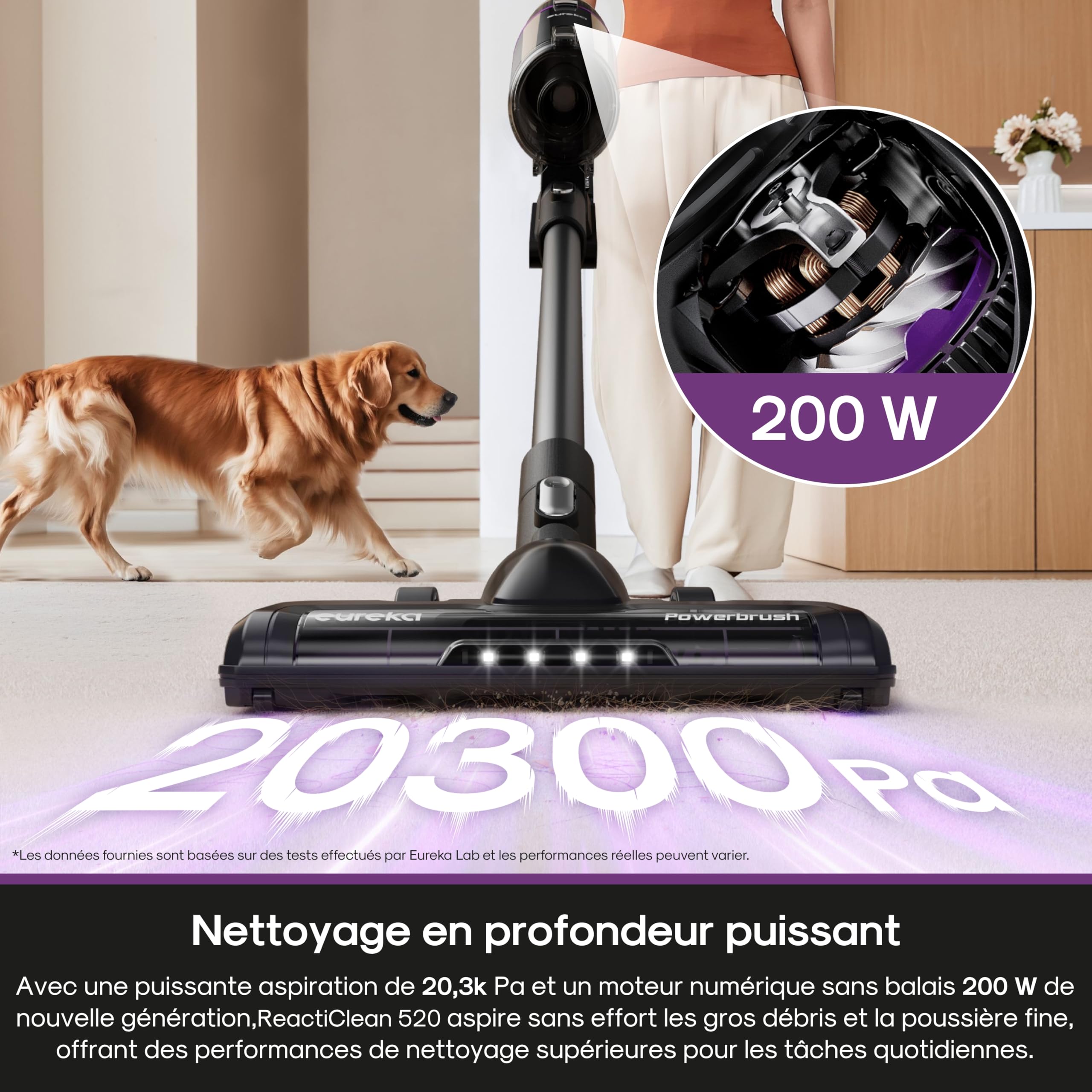 EUREKA ReactiClean 520 Aspirateur Balai sans Fil Anti-allergène Aspiration Puissante, 4 en 1 avec Longue Autonomie 50 Minutes, Reharge Murale, Aspirateur à Main Léger pour Poils Cheveux