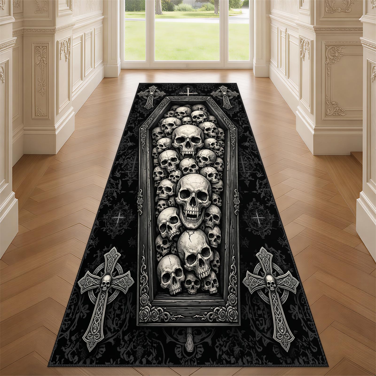 YEMYOR Gothic Skull Runner Rug for Hallway, Horror Skeleton Carpet Runner 80x200cm, Modern Dark Art Long Area Rug Non-Slip, for Laundry Room Kids Bedroom