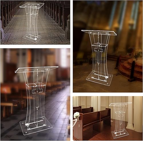 Miniatura 10 de Púlpito de iglesia con ruedas, podio acrílico LED transparente y plataforma de lectura vertical, elegante atril de 46 pulgadas para iglesia y aulas