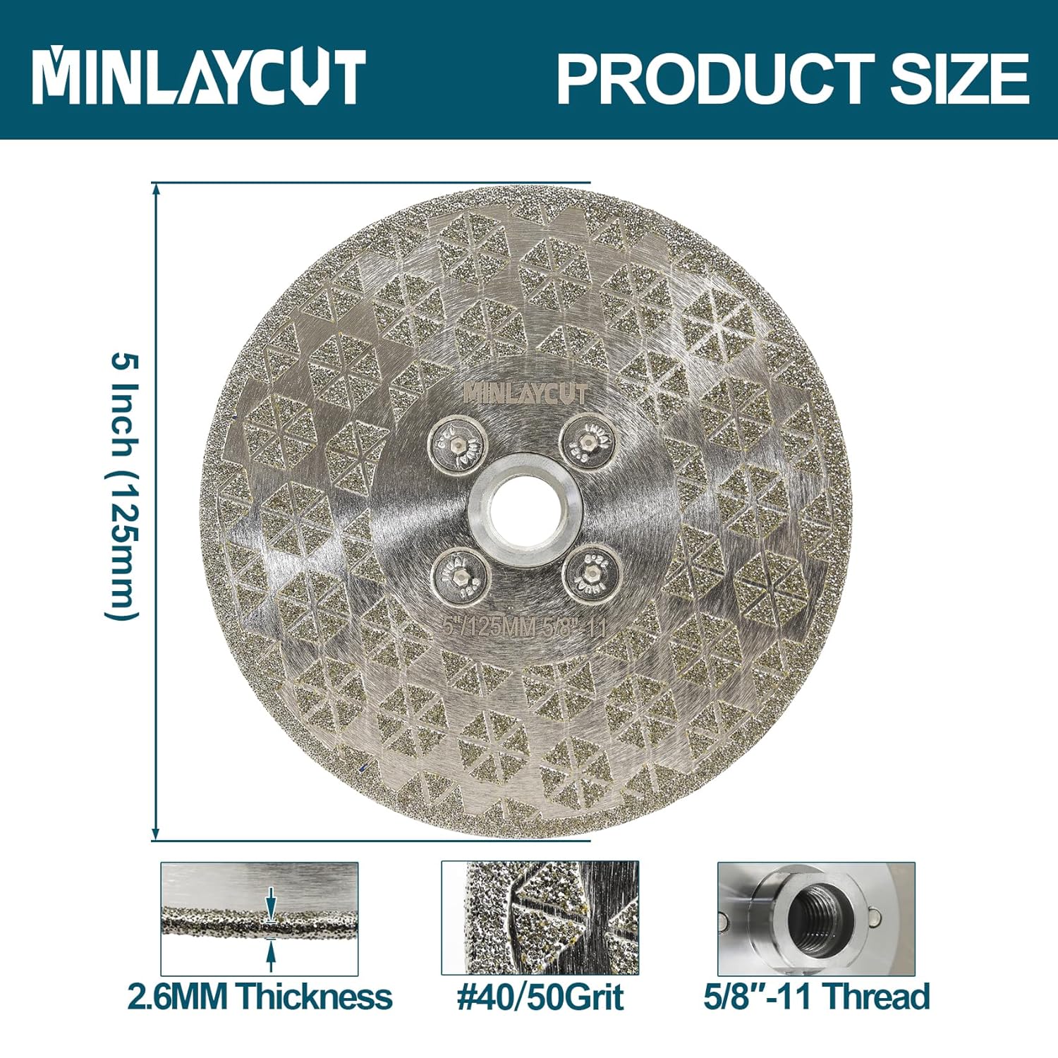 Diamond Cutting Grinding Disc 5"(125mm) - MINLAYCUT Electroplated Single Side Diamond Blade with 5/8"-11 Flange for Granite Marble Porcelain Ceramic Tile for Angle Grinder