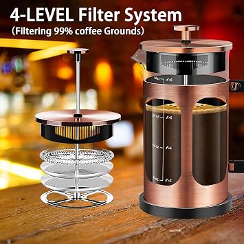 YMMIND French Press Coffee Maker (34oz 1Quart 5-6Cup) Coffee Press, with 4 Filters System, Heat Resistant Thickness Borosilicate Glass, Cold Brew Coffee Tea Pot Gifts (Copper)