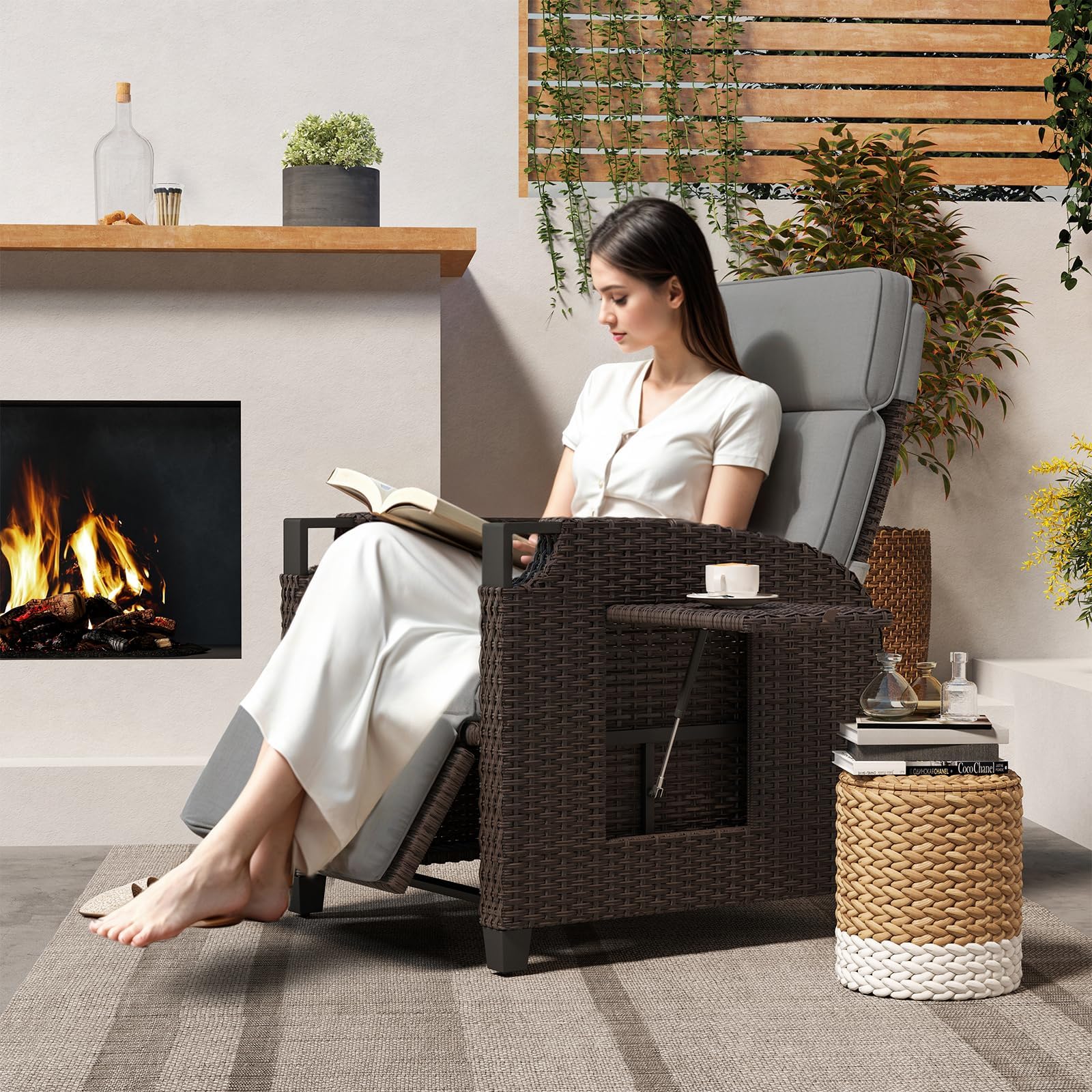 UDPATIO Sillón Ratán Jardin Exterior Reclinable, Tumbona de Jardín Ajustable 150°, con Respaldo Ajustable, Fundas + Extraíbles Cojines, Impermeable, para Interior y Exterior - Marrón