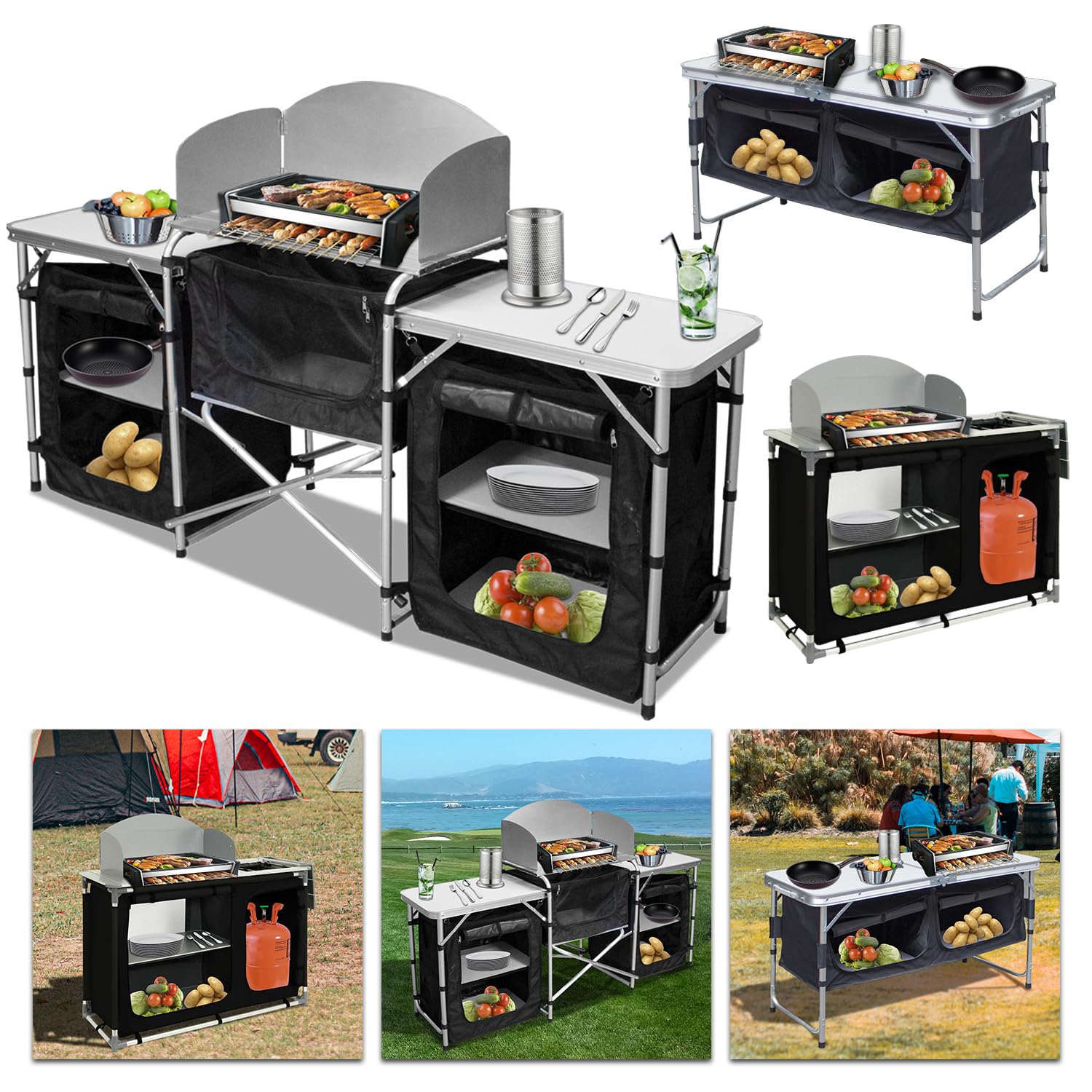 Campingküche Outdoor mit Alu-Gestell - Schnell aufbaubarer Faltschrank 600D - Inkl. Campingmöbel für Outdoor-Küche - Verschiedene Größen/Farben wählbar - Ideal für Camping & Outdoor-Aktivitäten