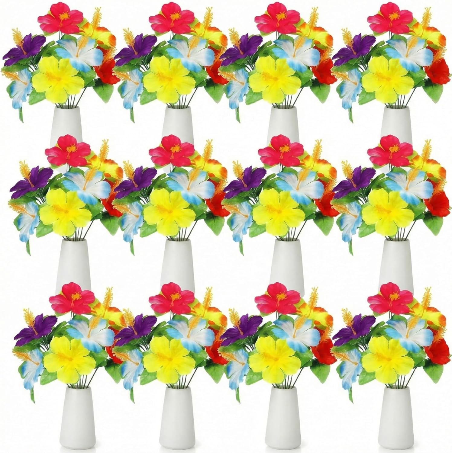 Hotop 12 Pcs Hawaiian Flower Bouquet for Tables Faux Hibiscus Flowers Bouquet Artificial Fake Tropical Flowers for Luau Summer Themed Party Favors Home Office Garden Decoration Supplies