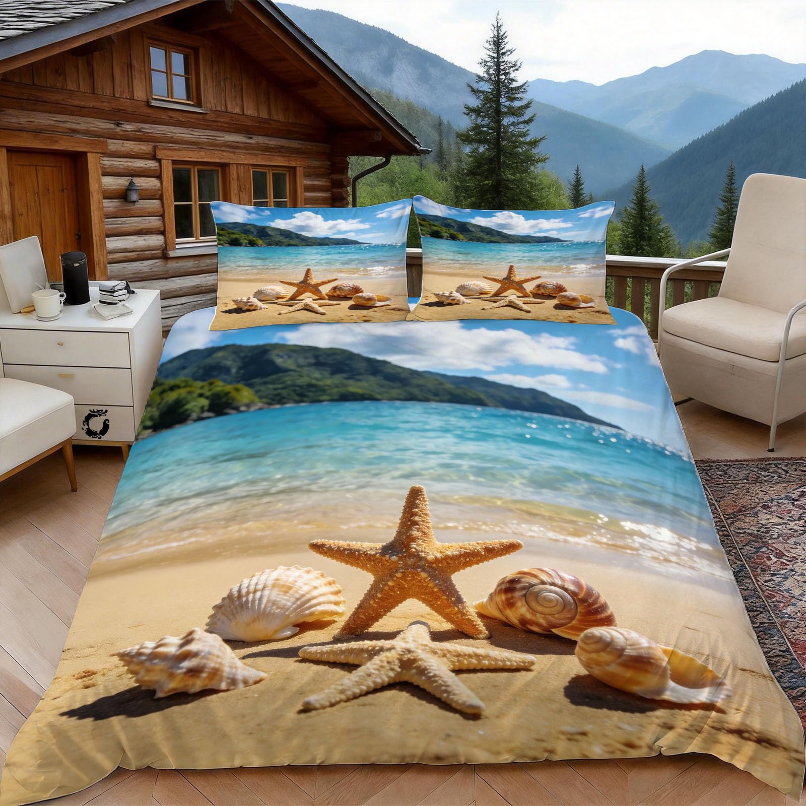 3D Single Duvet Cover Set 3D Printed Starfish Bedding, Sea View Soft Microfibre Duvet Cover Sets Quilt Cover and Pillow Set with Zipper 3 Pcs