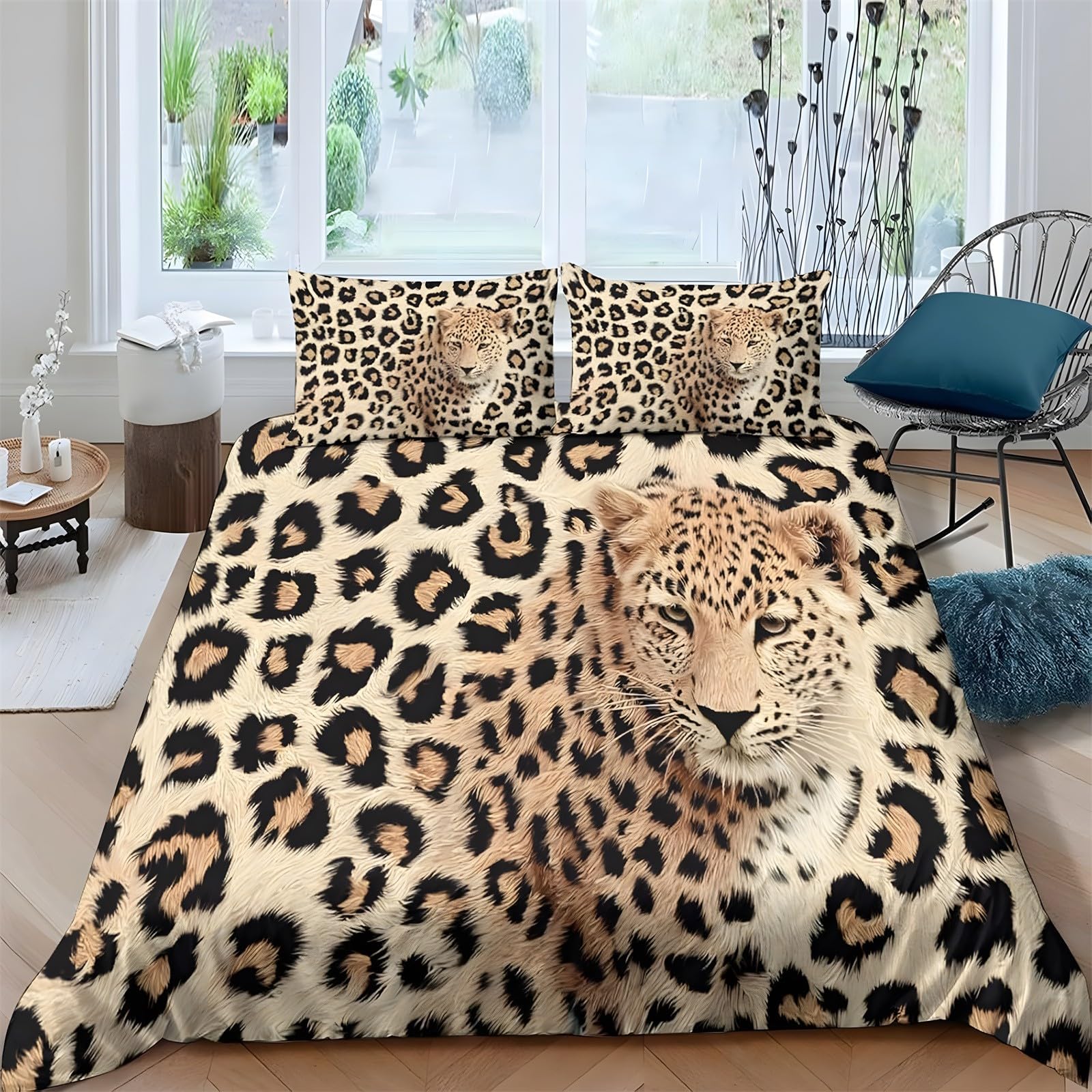 Ypthriline Double Bedding Set Leopard Print Bedding Set Microfiber Animals Duvet Covers with Pillowcases Reversible Bedding With Zipper Closure 200x200CM