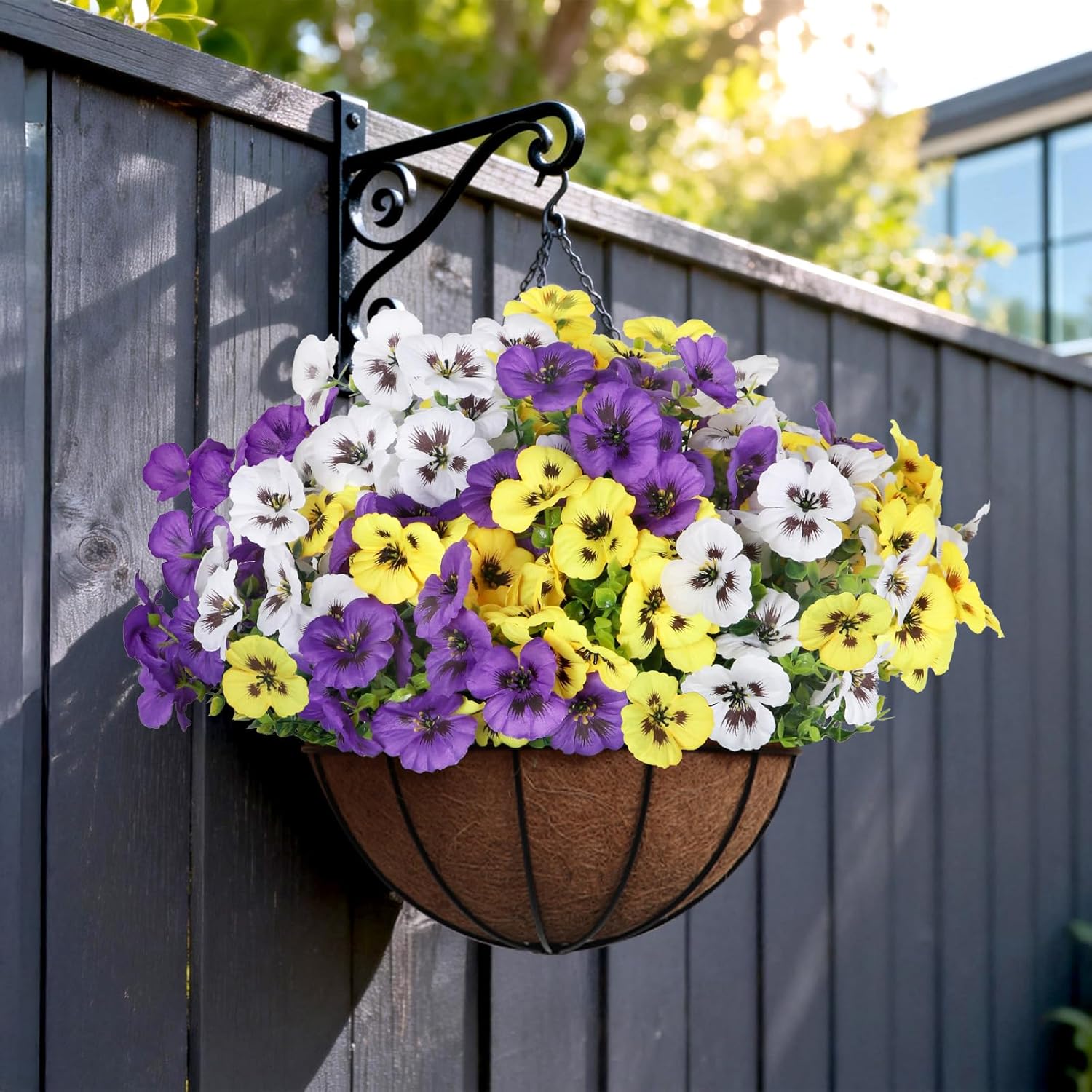 18 Pcs Artificial Flowers for Outdoors, UV Resistant Faux Silk Pansy Flowers, Spring Summer Fake Flowers Plants for Front Porch Yard Patio Planter Garden Home Decor (Purple, Yellow, White)