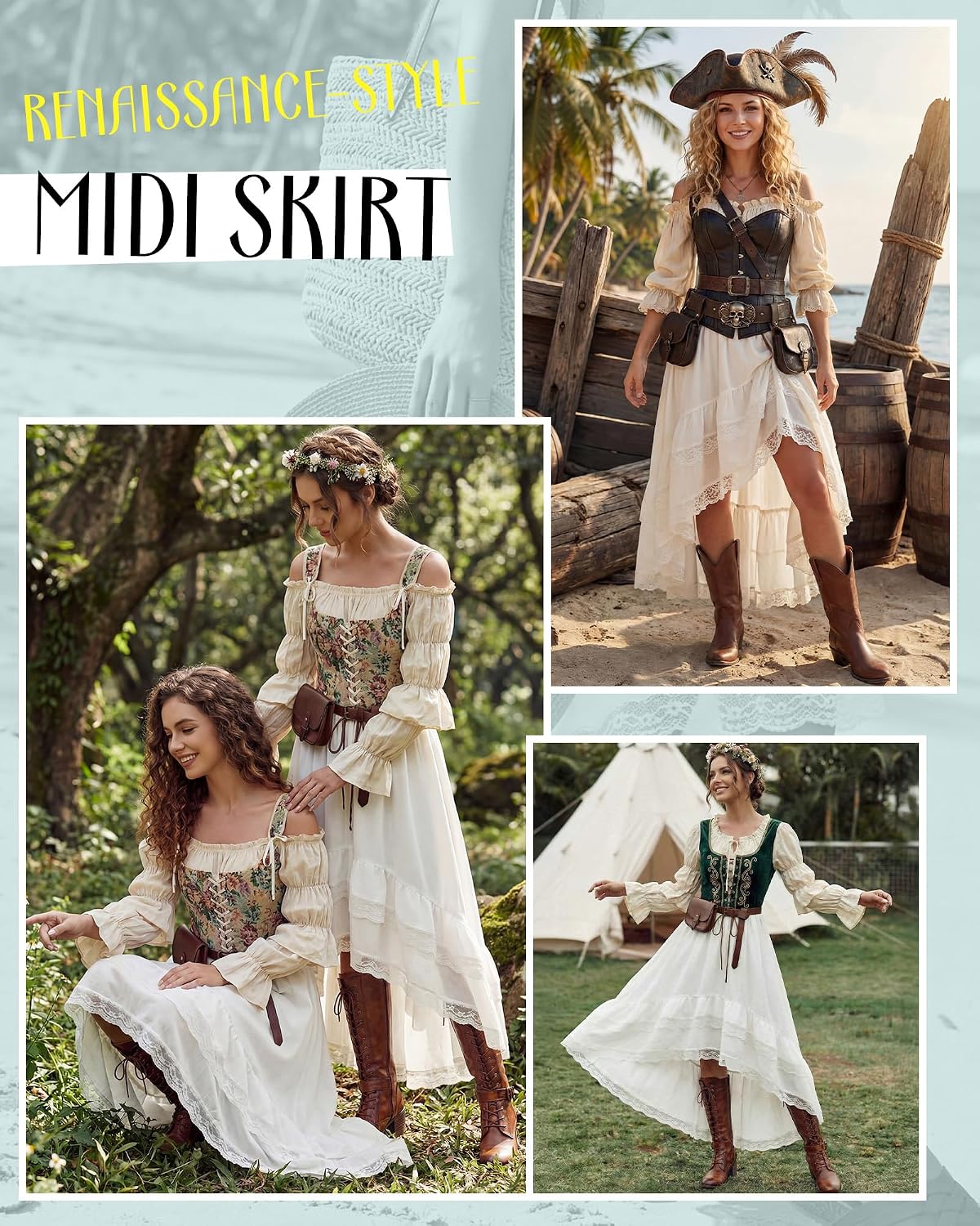 Cutecrop Women Asymmetrical Lace Ruffle Skirt Western Boho Skirt Elastic Waist Flowy Layered High Low Cowgirl Country Dress