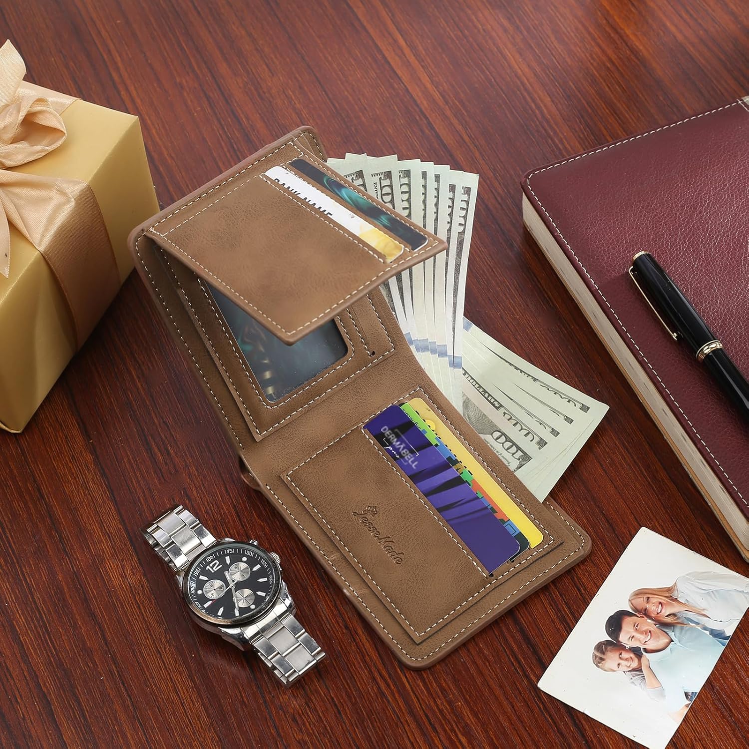 Custom Picture Wallet for Men Personalized Engraved Photo Name Wallet Gifts for Dad Husband Boyfriend Son