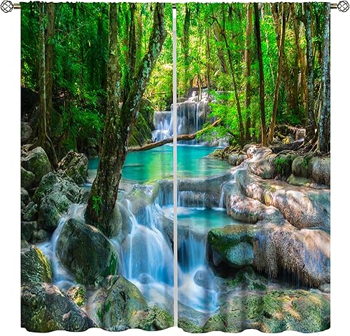 Miniatura 15 de Cortinas de cascada, patrón de paisaje con tema de naturaleza primaveral en bosque, cortinas térmicas opacas para dormitorio y sala de estar, juego