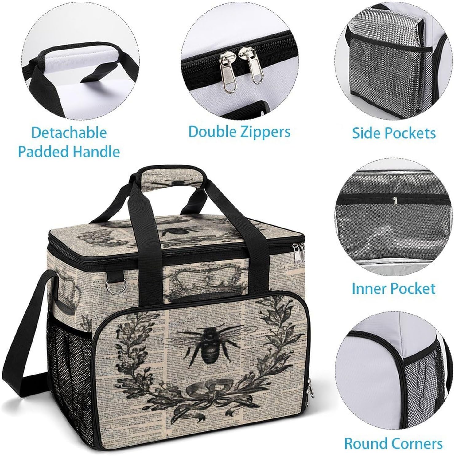 Vintage French Queen Bee Cooler Bag, Collapsible Soft Sided Cooler, Large Leakproof Camping Cooler, Portable Travel Cooler for Camping, Road Trips